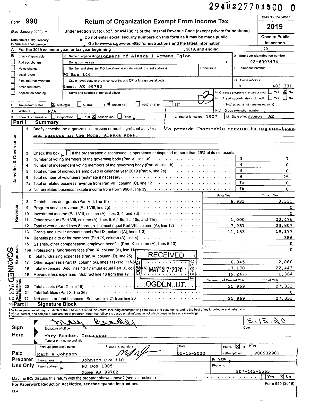 Image of first page of 2019 Form 990 for Pioneers of Alaska - 1 Womens Igloo