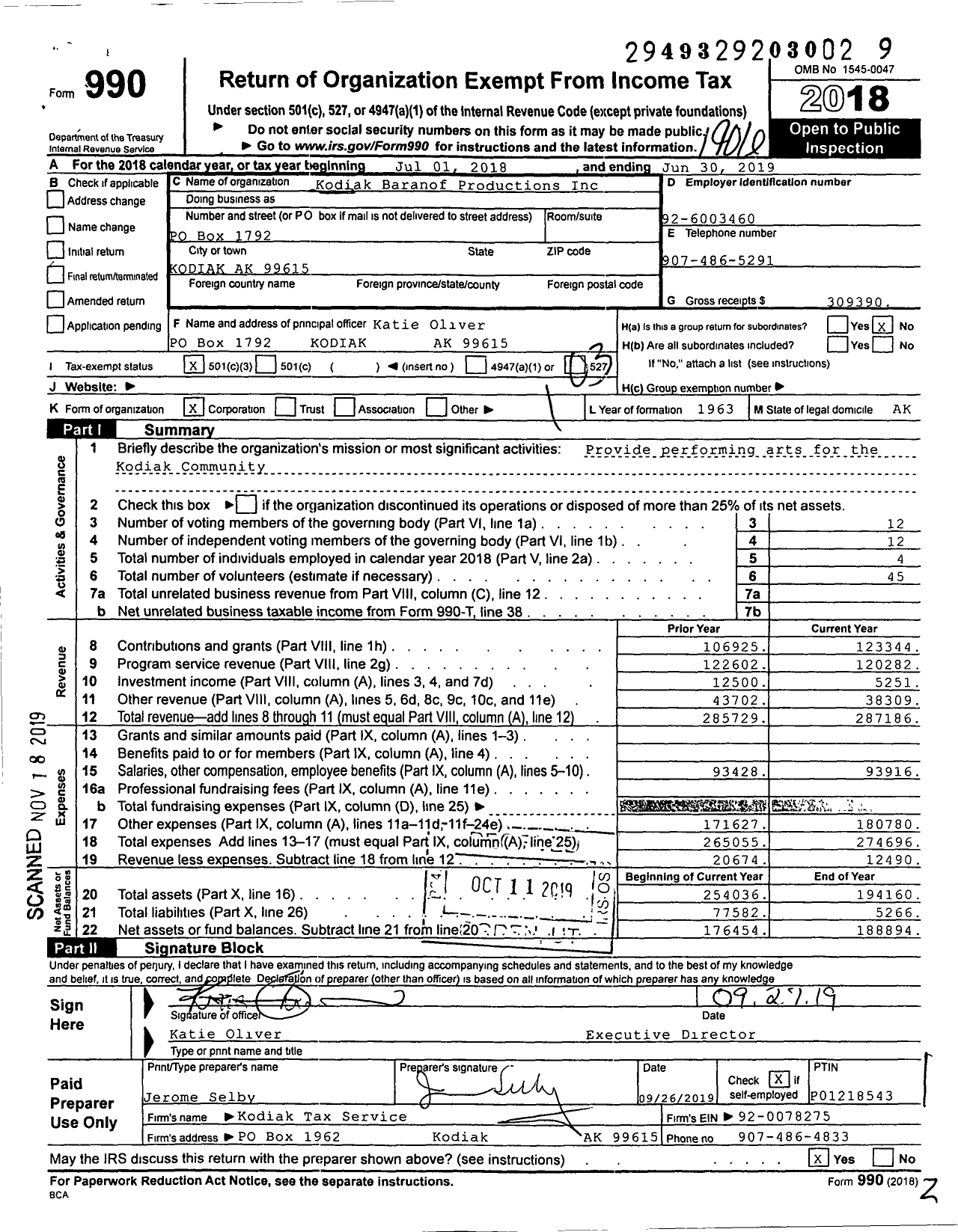 Image of first page of 2018 Form 990 for Kodiak Baranof Productiona