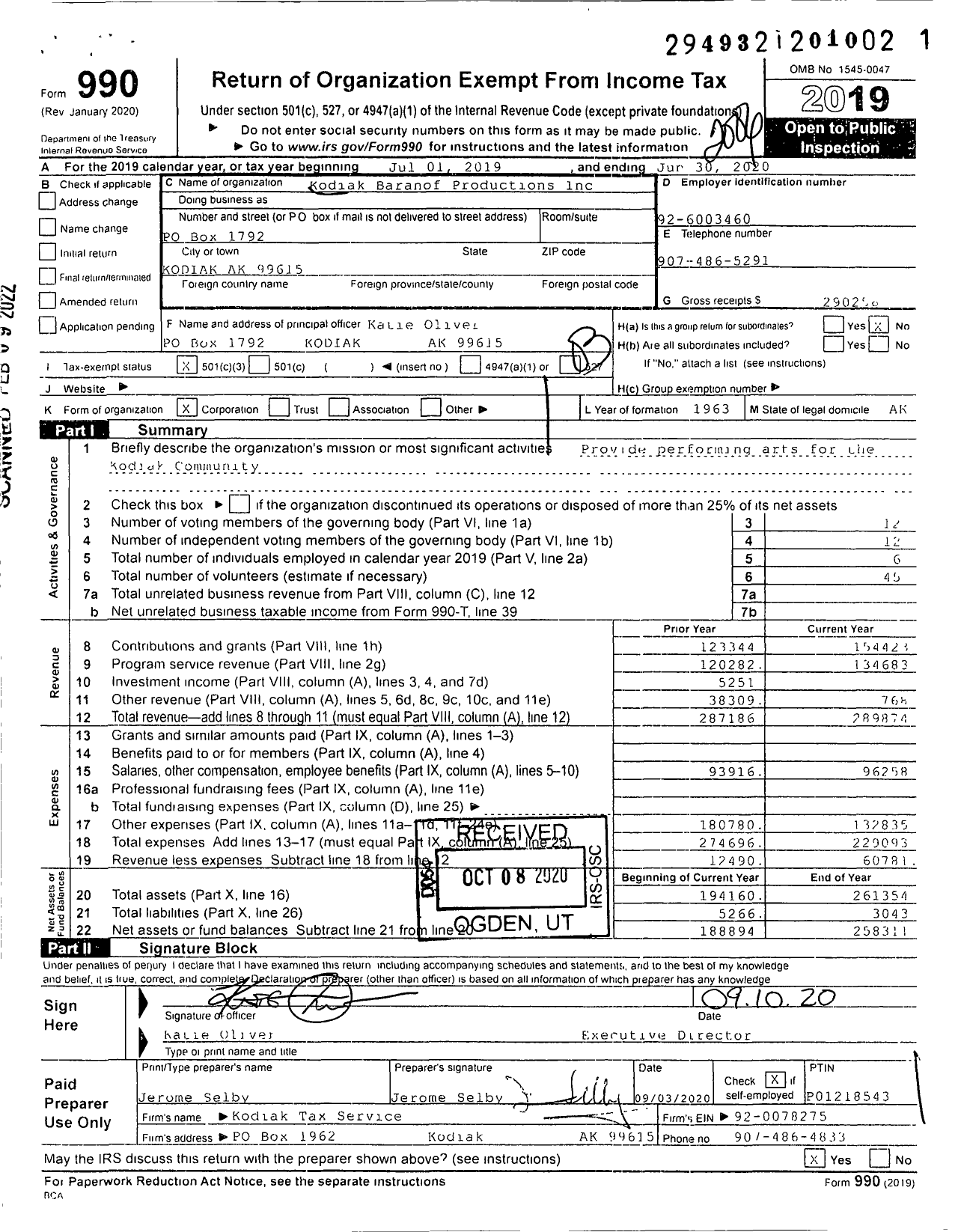 Image of first page of 2019 Form 990 for Kodiak Baranof Productiona