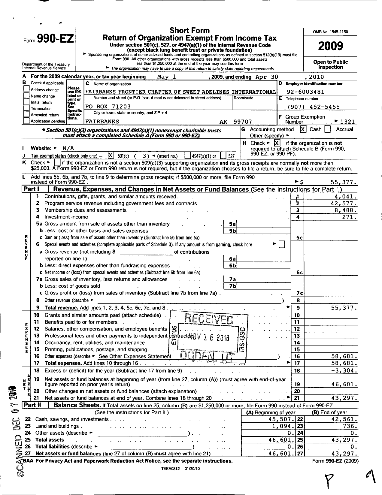 Image of first page of 2009 Form 990EZ for Sweet Adelines International - Fairbanks Frontier