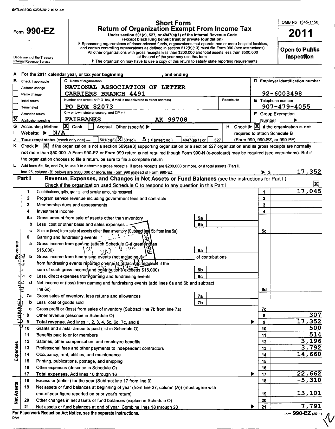 Image of first page of 2011 Form 990EO for National Association of Letter Carriers / 4491 Fairbanks Alaska