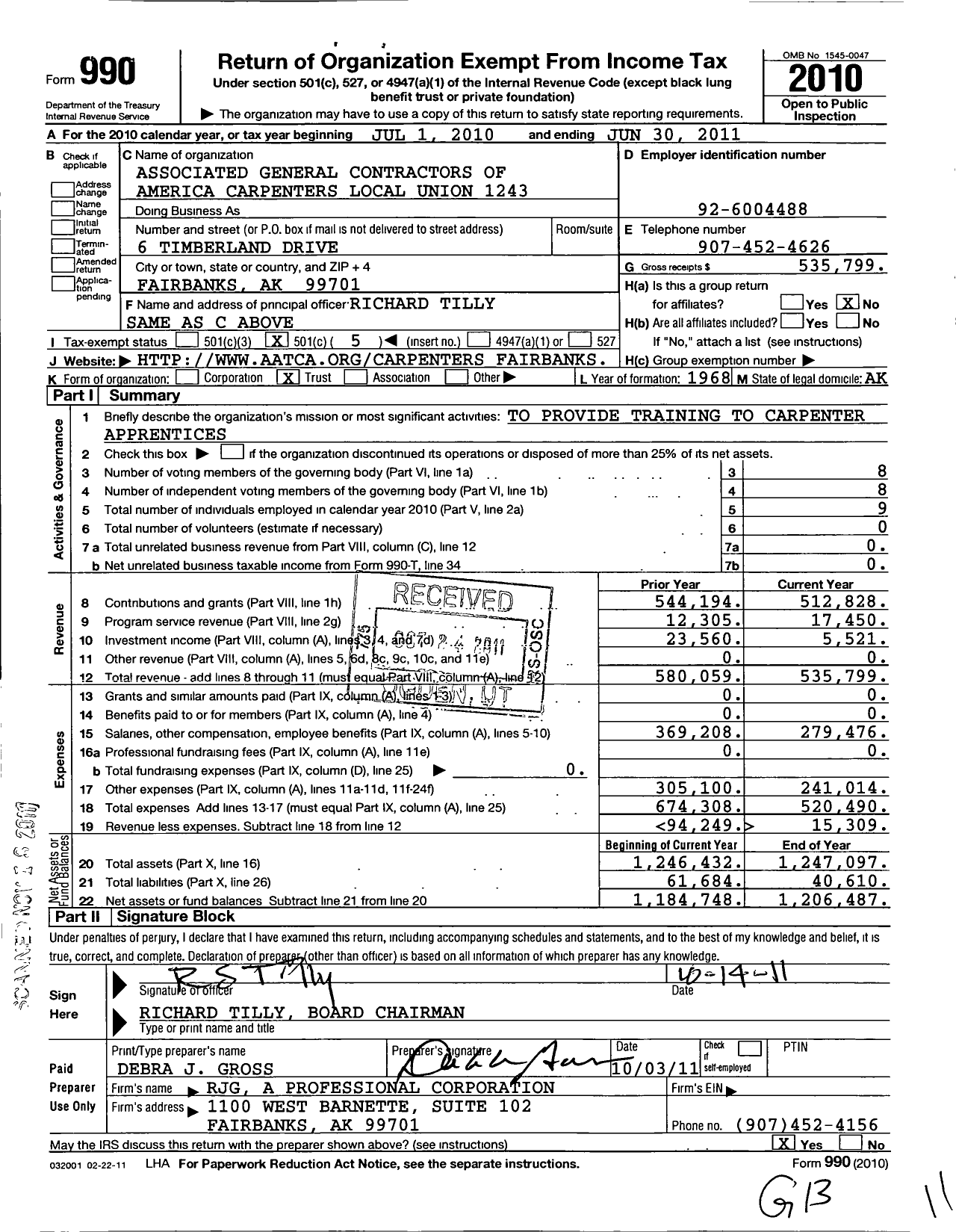 Image of first page of 2010 Form 990O for Associated General Contractors of American Carpenters Local Union 1243