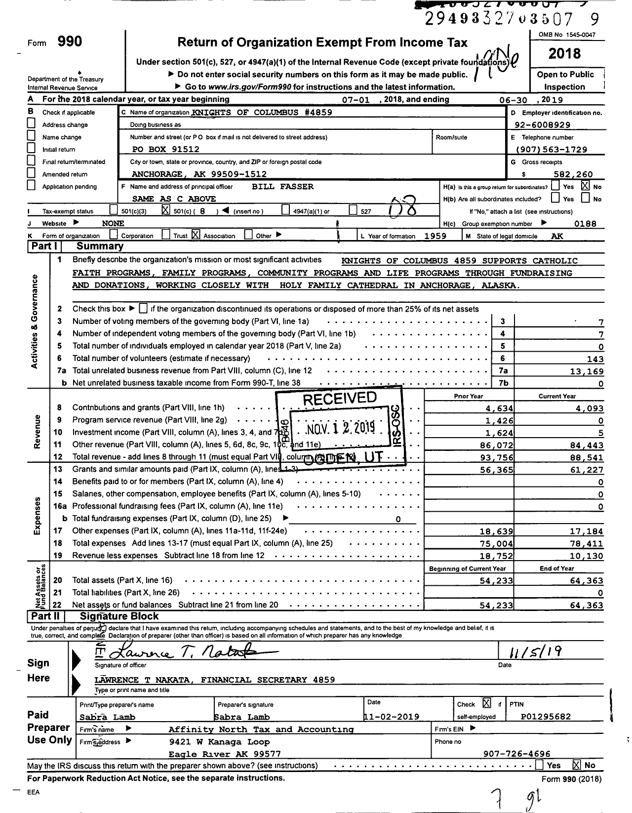 Image of first page of 2018 Form 990O for Knights of Columbus - 4859 Our Lady of the Snows Council