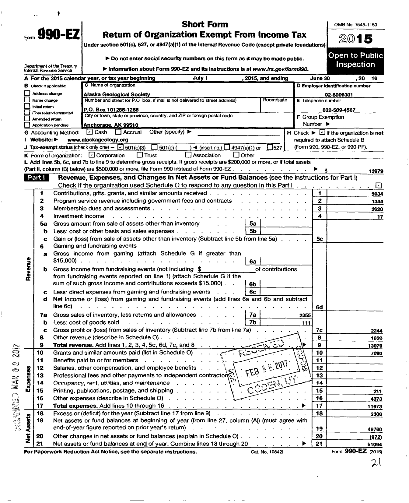 Image of first page of 2015 Form 990EZ for Alaska Geological Society