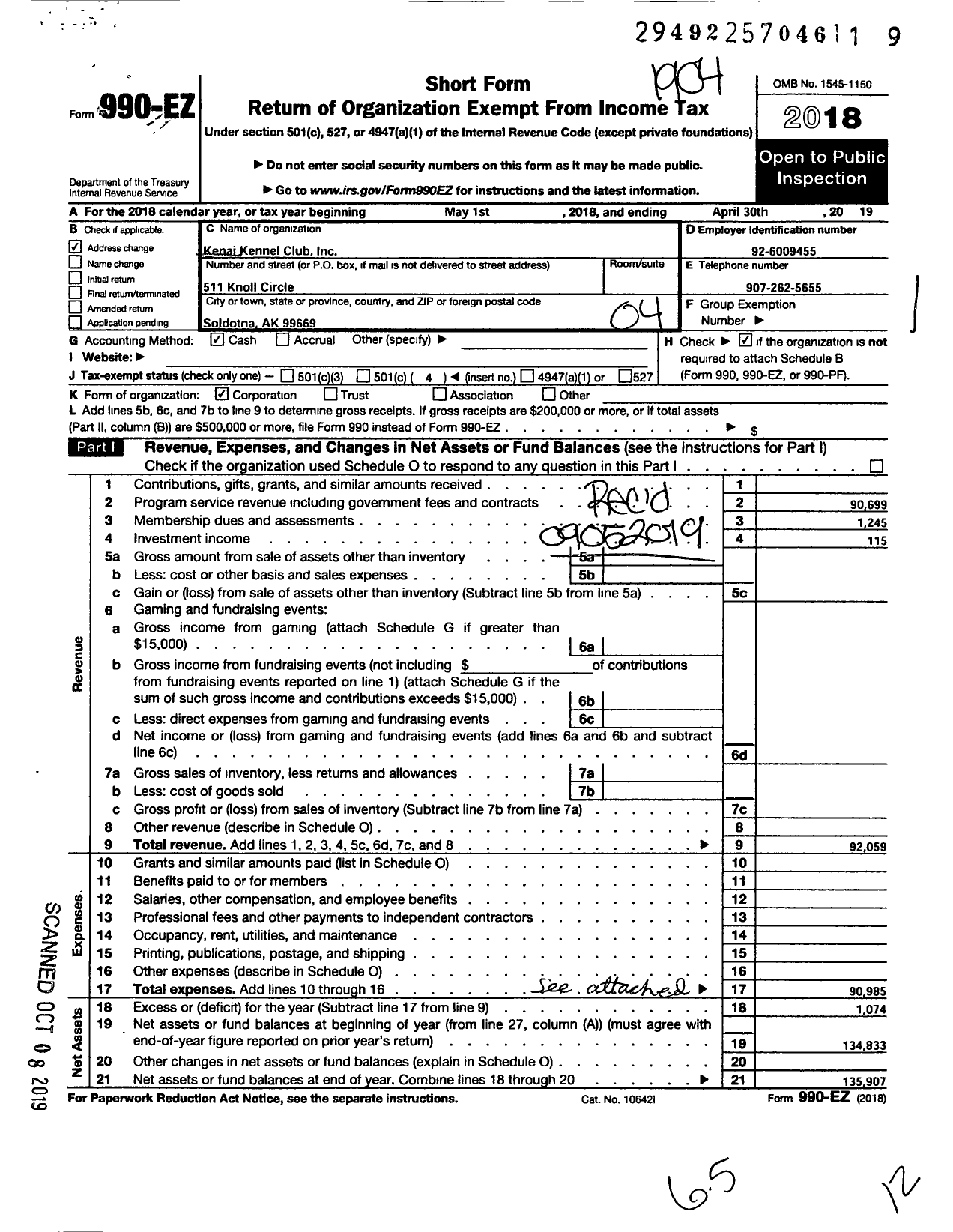 Image of first page of 2018 Form 990EO for Kenai Kennel Club