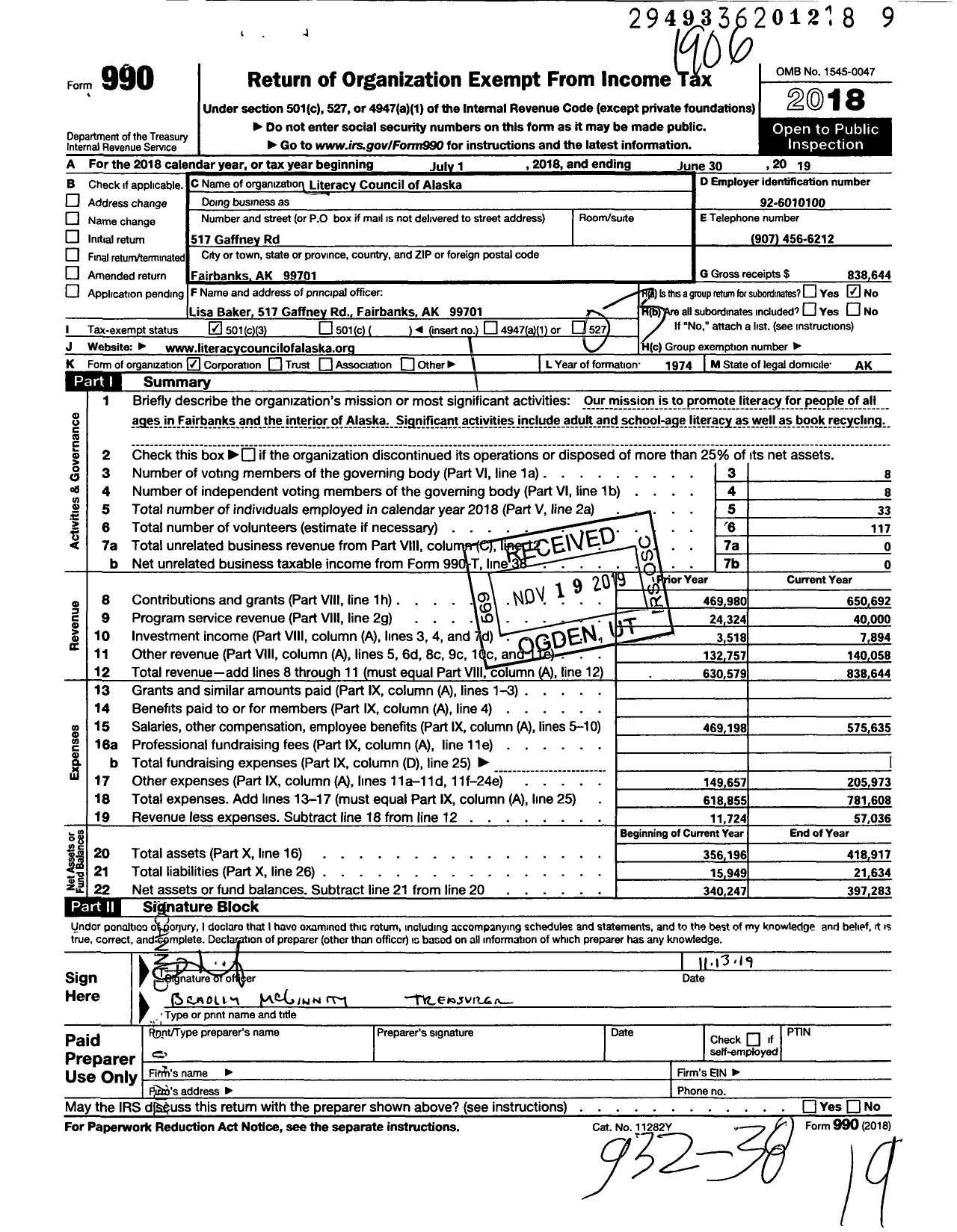 Image of first page of 2018 Form 990 for Literacy Council of Alaska