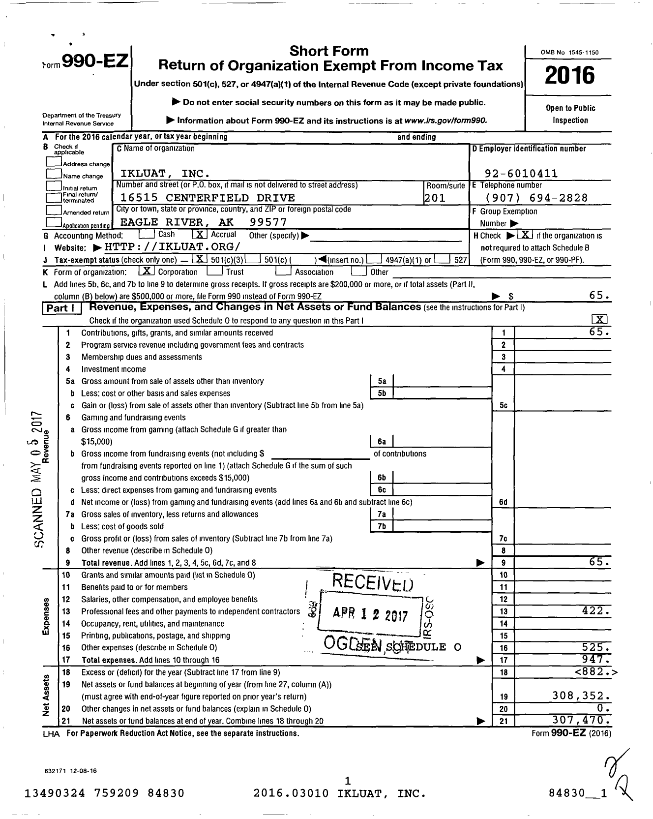 Image of first page of 2016 Form 990EZ for Ikluat