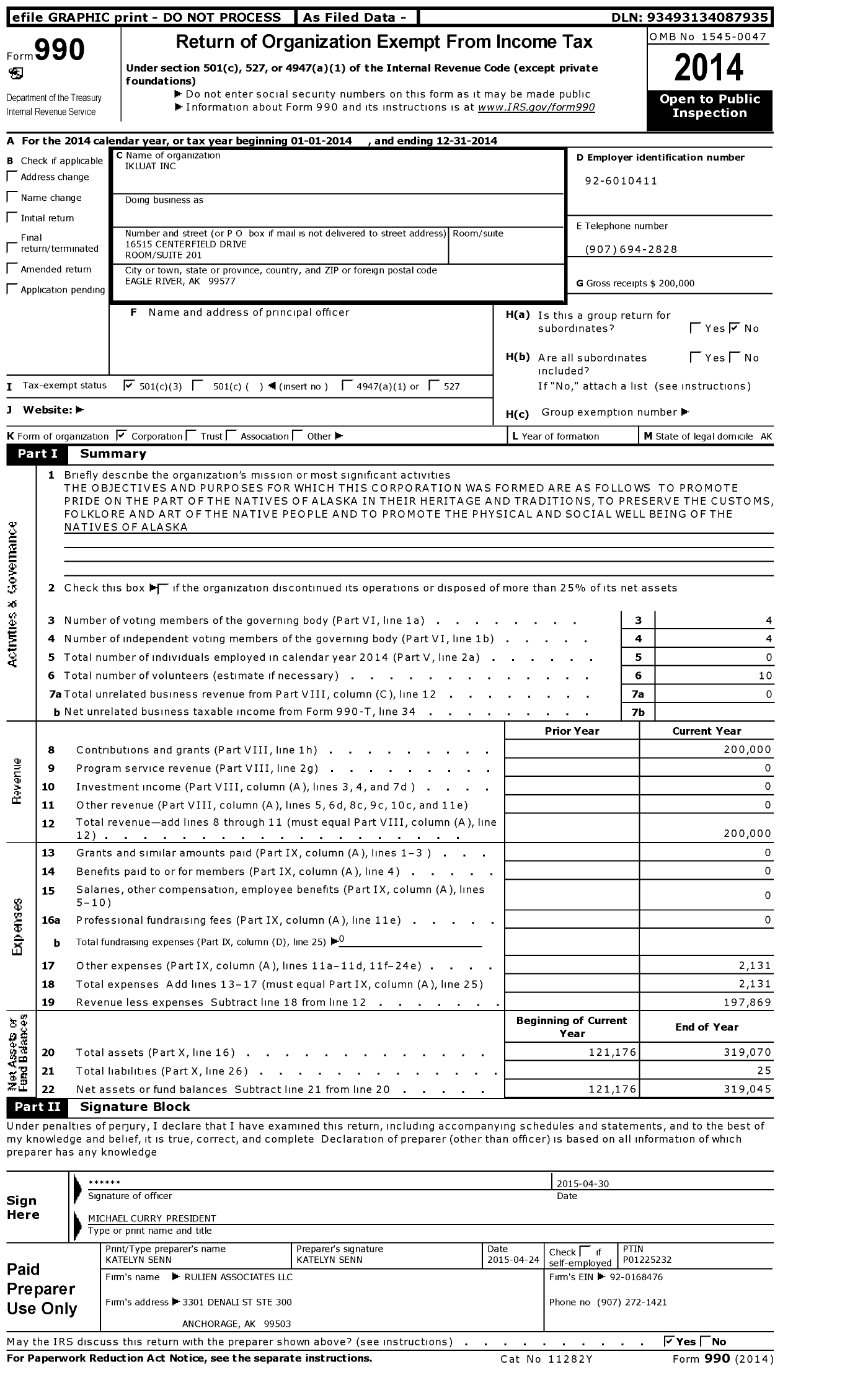 Image of first page of 2014 Form 990 for Ikluat