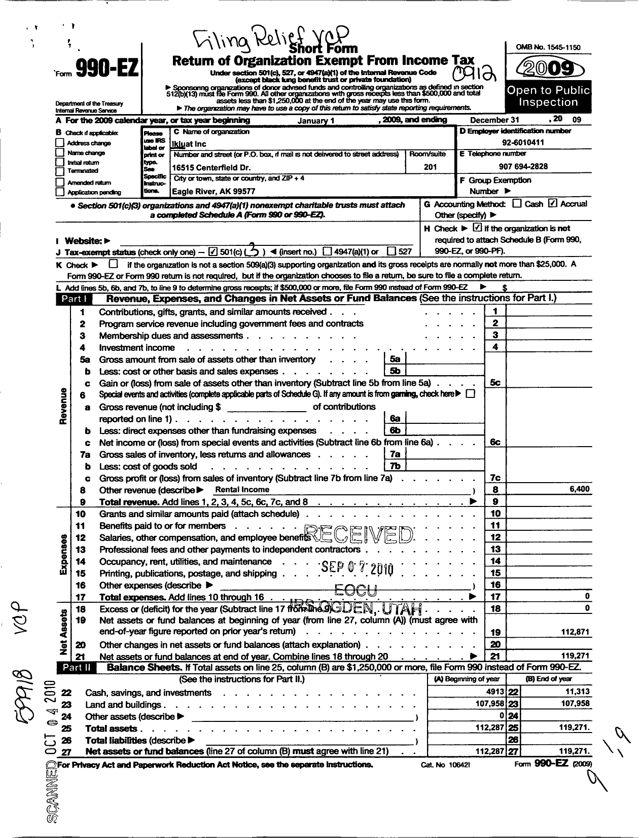 Image of first page of 2009 Form 990EZ for Ikluat