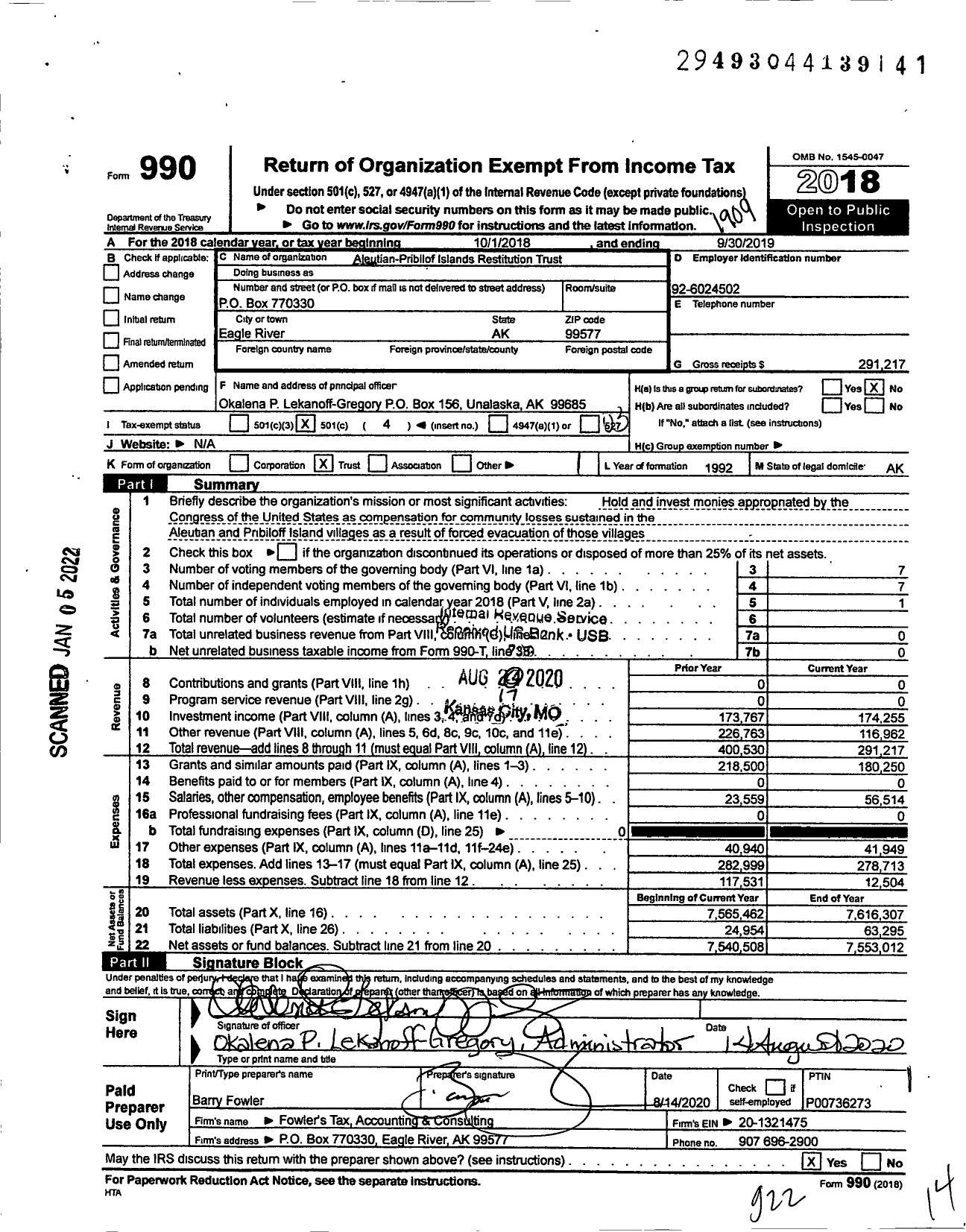 Image of first page of 2018 Form 990 for Aleutian-Pribilof Islands Restitution Trust