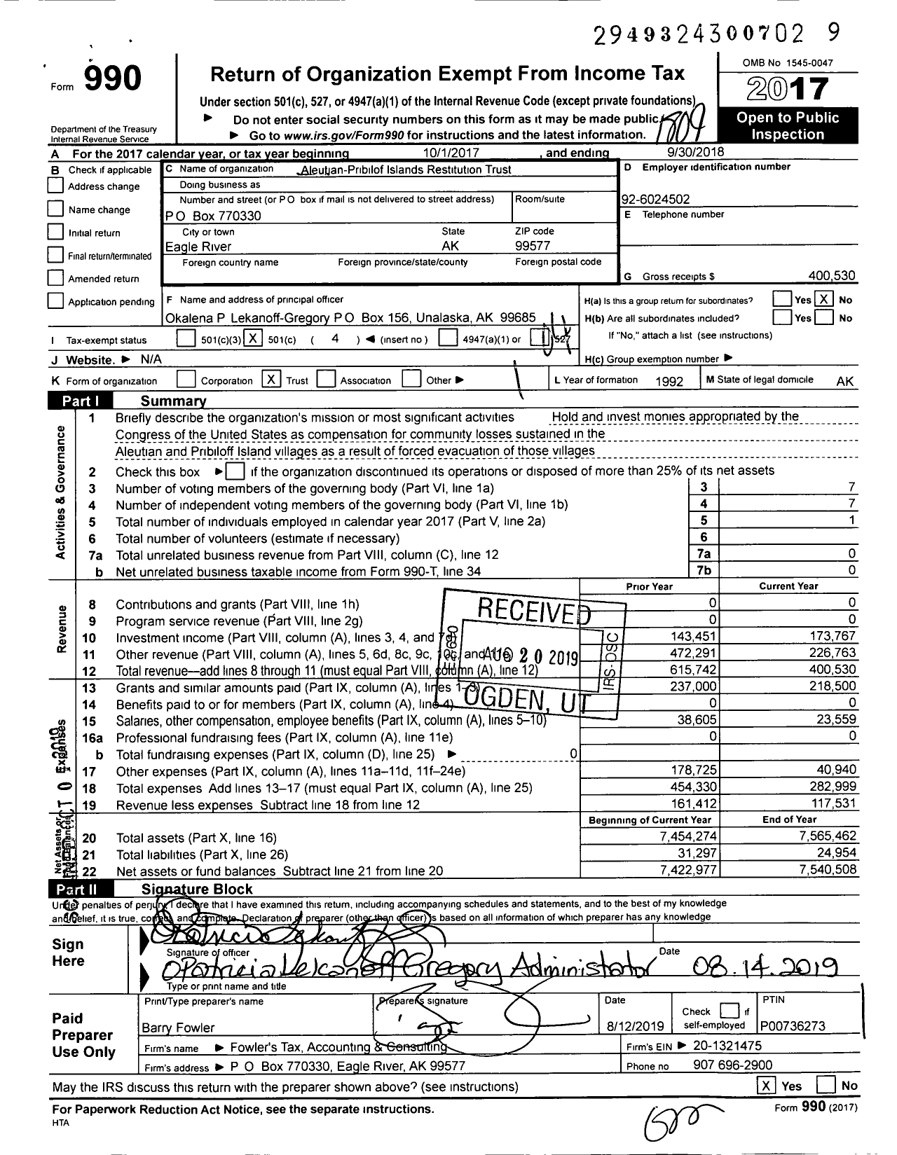 Image of first page of 2017 Form 990O for Aleutian-Pribilof Islands Restitution Trust