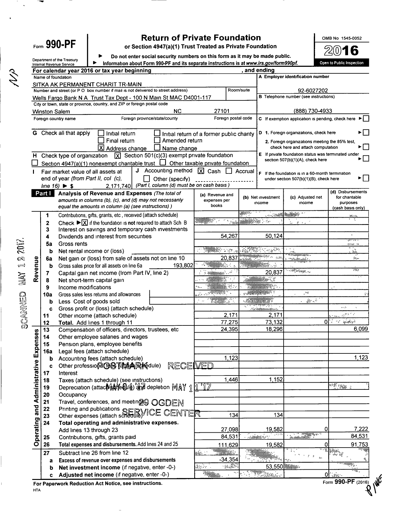 Image of first page of 2016 Form 990PF for Sitka Ak Permanent Charit Tr-Main