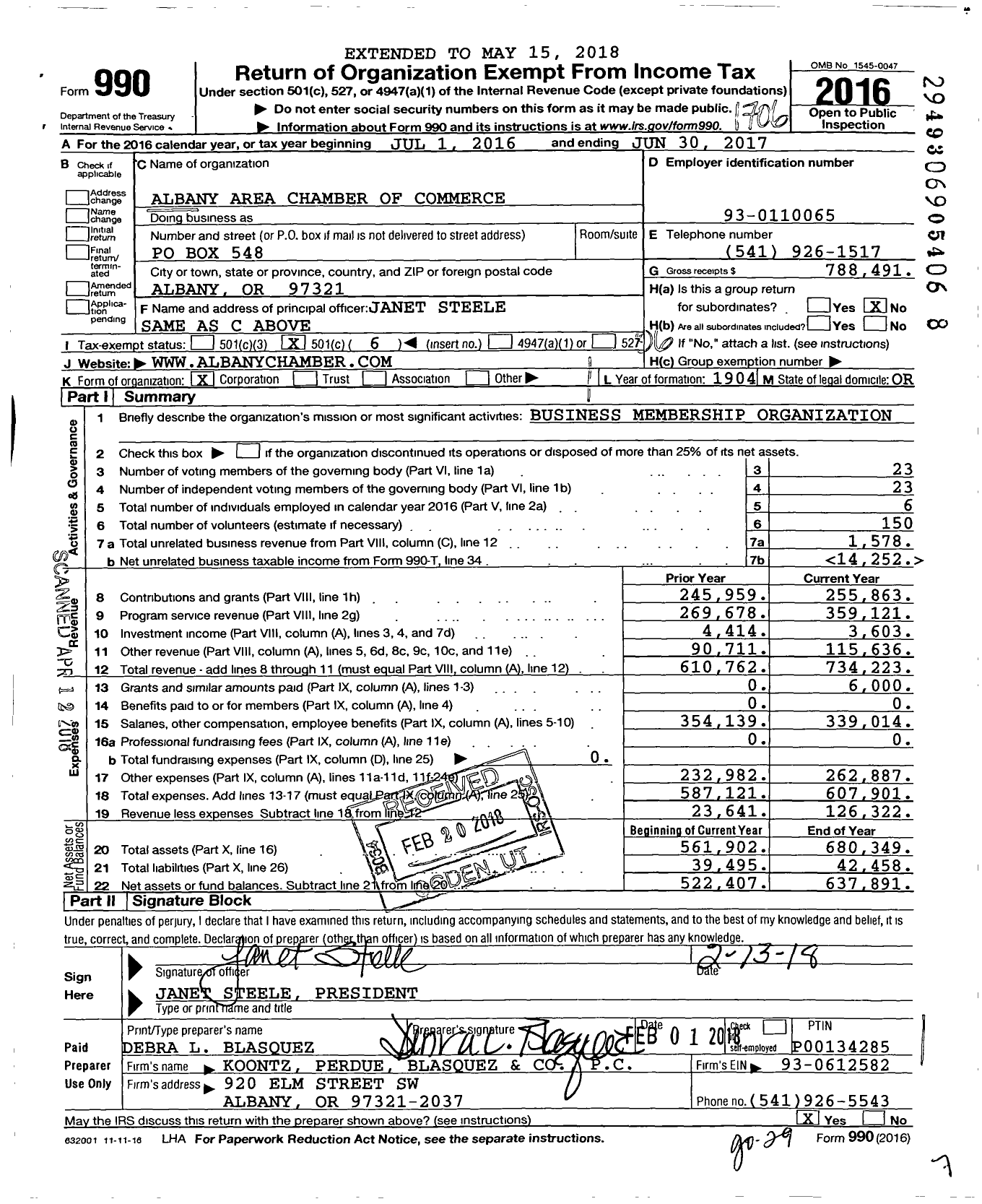 Image of first page of 2016 Form 990O for Albany Area Chamber of Commerce