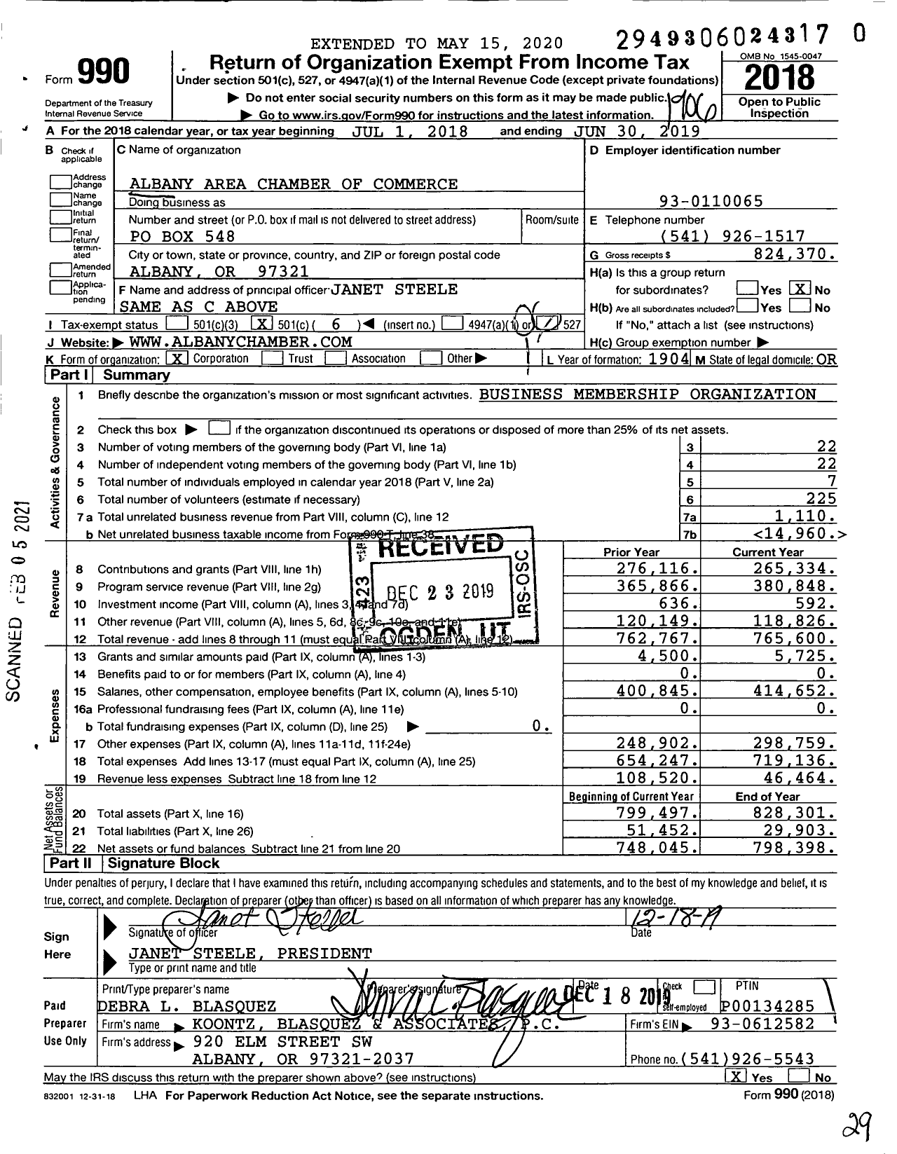 Image of first page of 2018 Form 990O for Albany Area Chamber of Commerce