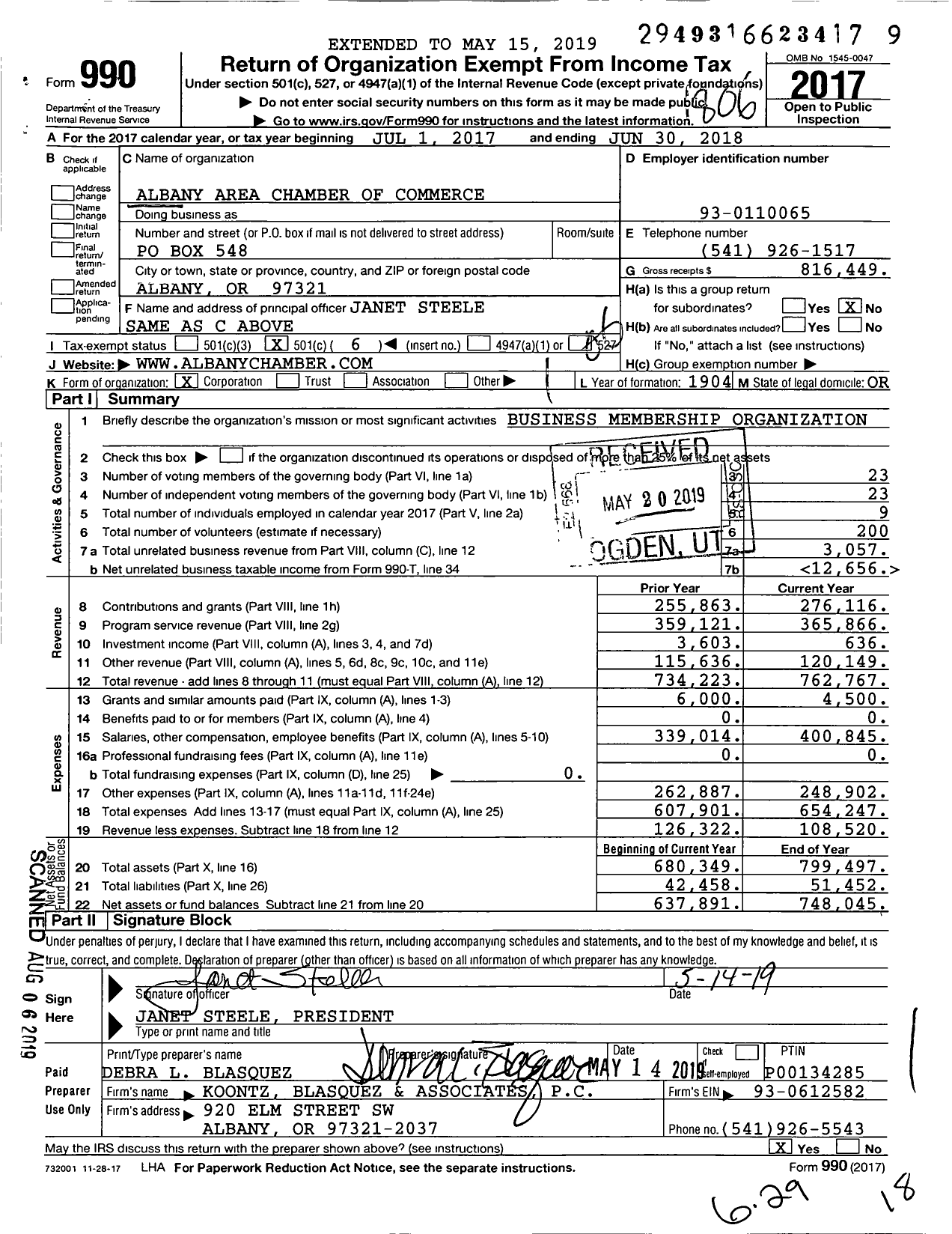 Image of first page of 2017 Form 990O for Albany Area Chamber of Commerce
