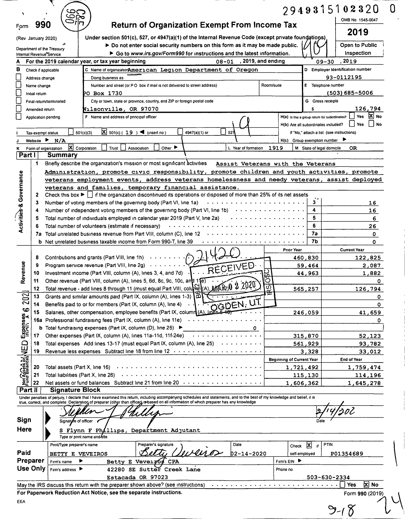 Image of first page of 2018 Form 990O for American Legion - 40 Dept of Oregon