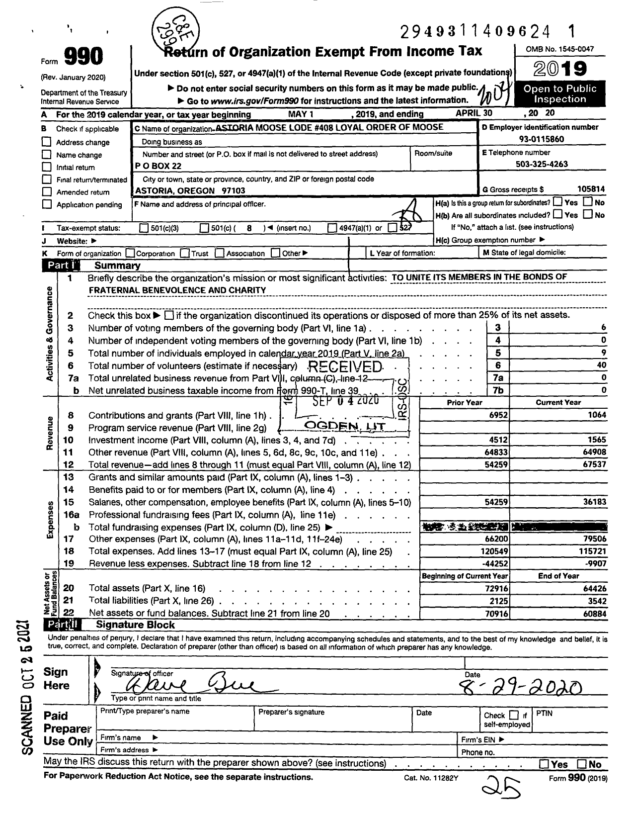 Image of first page of 2019 Form 990O for Loyal Order of Moose - Astoria Lodge No 408 Loyal Order of Moose