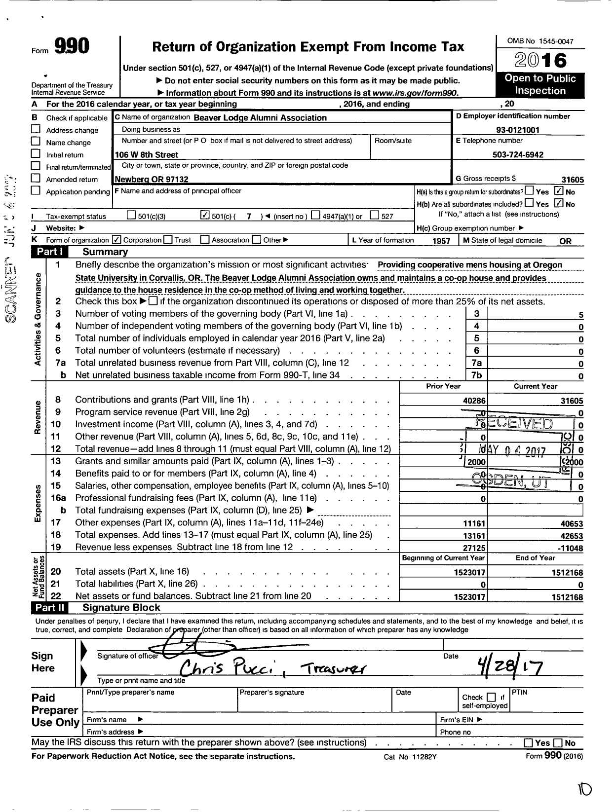 Image of first page of 2016 Form 990O for Beaver Lodge Alumni Association