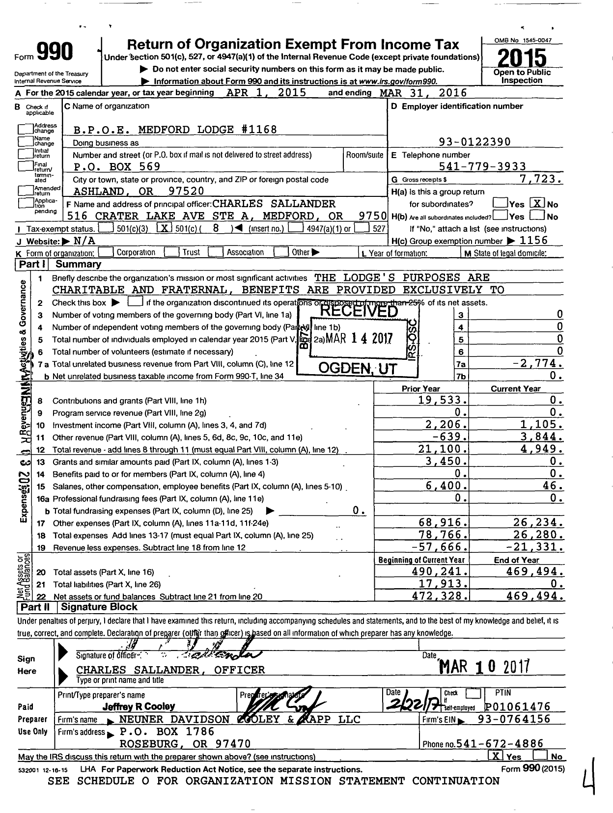 Image of first page of 2015 Form 990O for Benevolent and Protective Order of Elks - 1168 Medford