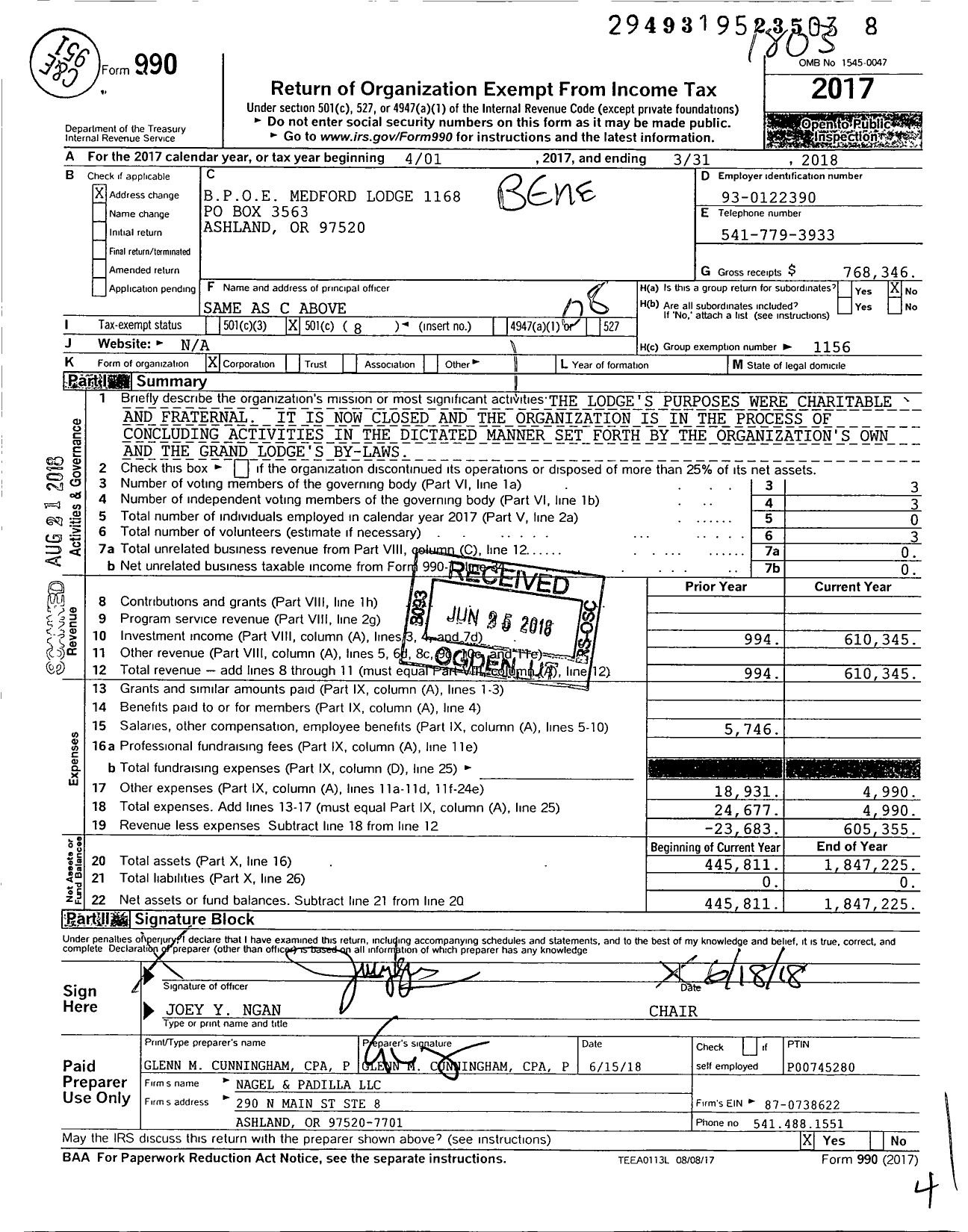 Image of first page of 2017 Form 990O for Benevolent and Protective Order of Elks - 1168 Medford