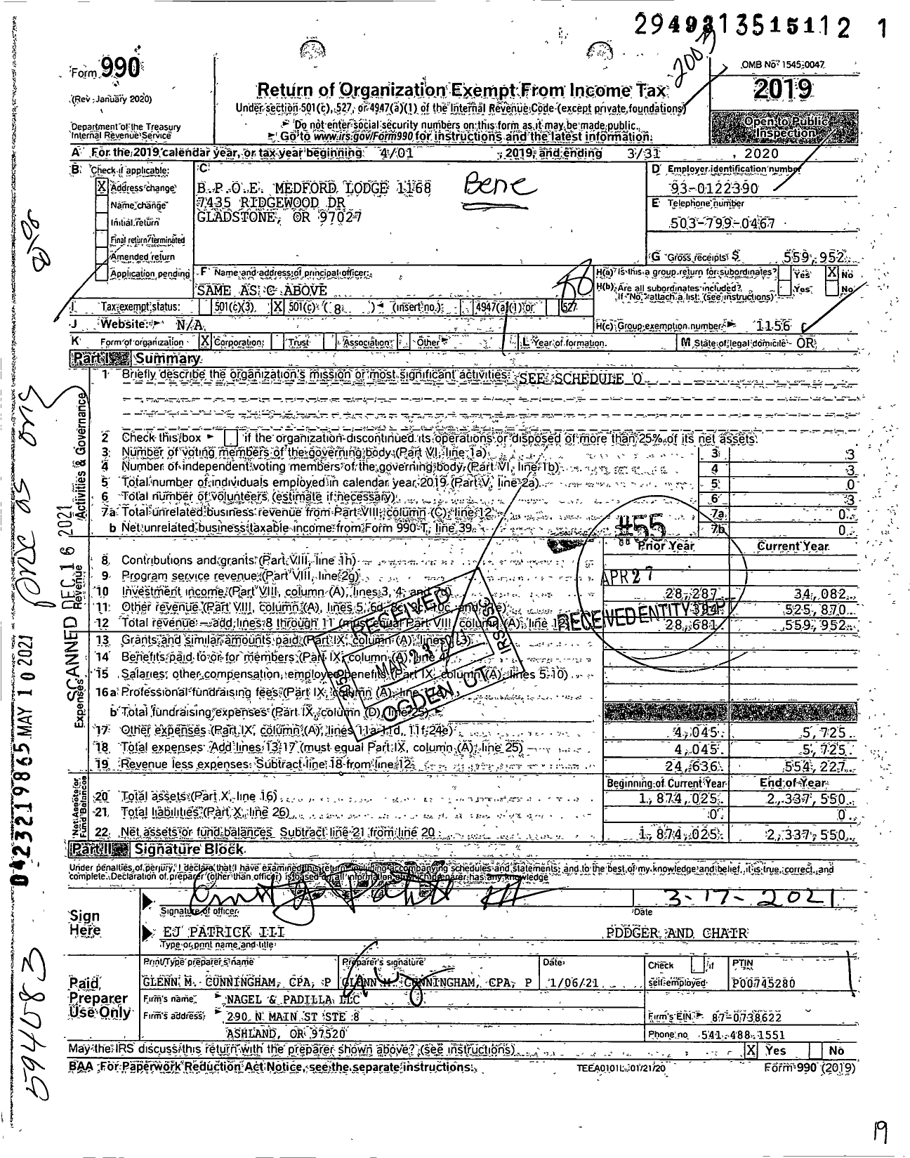 Image of first page of 2019 Form 990O for Benevolent and Protective Order of Elks - 1168 Medford