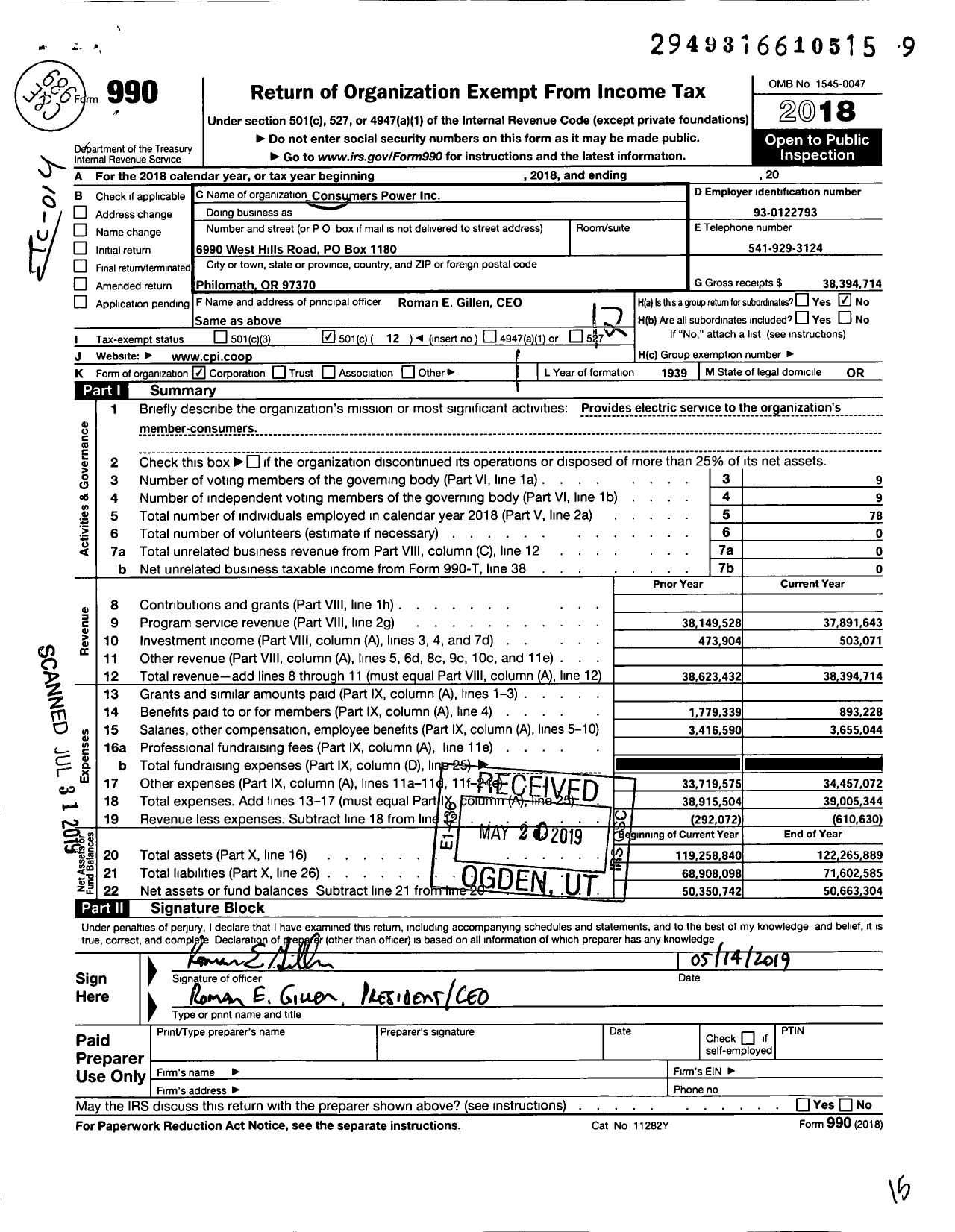 Image of first page of 2018 Form 990O for Consumers Power