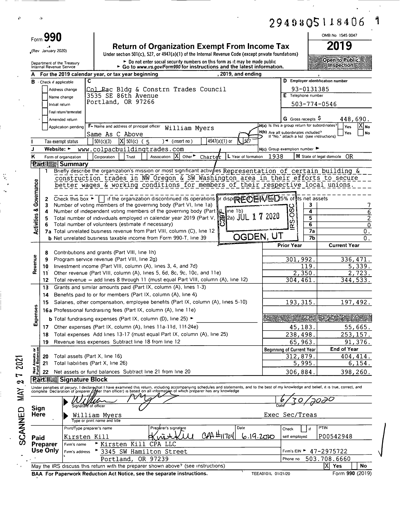 Image of first page of 2019 Form 990O for International Union of Bricklayers and Allied Craftworkers - Benefit Fund