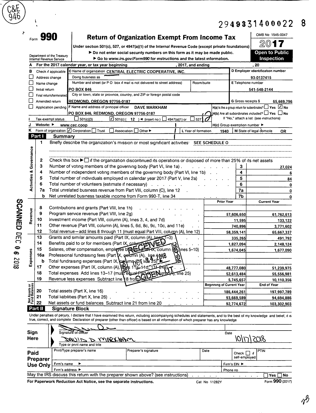 Image of first page of 2017 Form 990O for Central Electric Cooperative