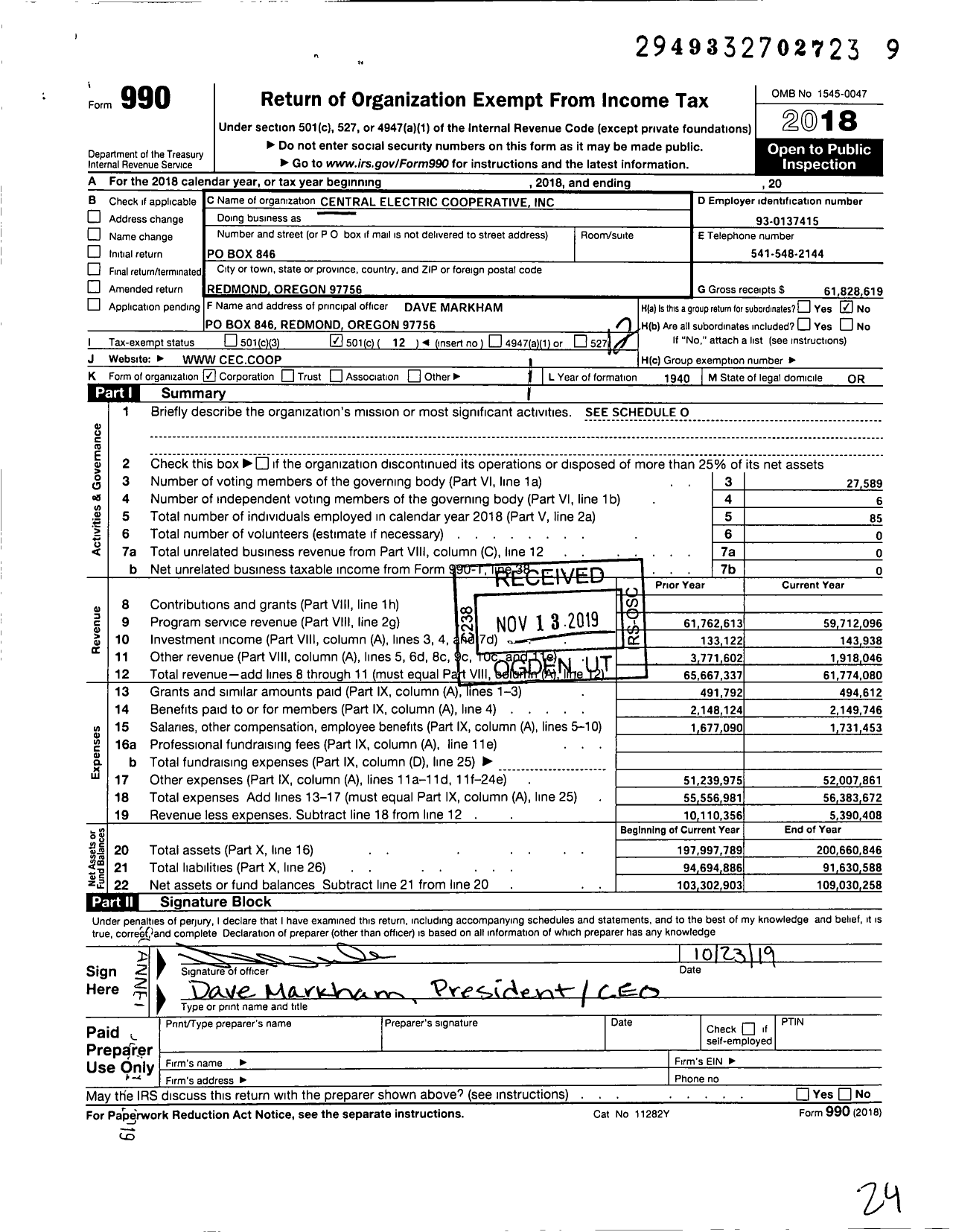 Image of first page of 2018 Form 990O for Central Electric Cooperative