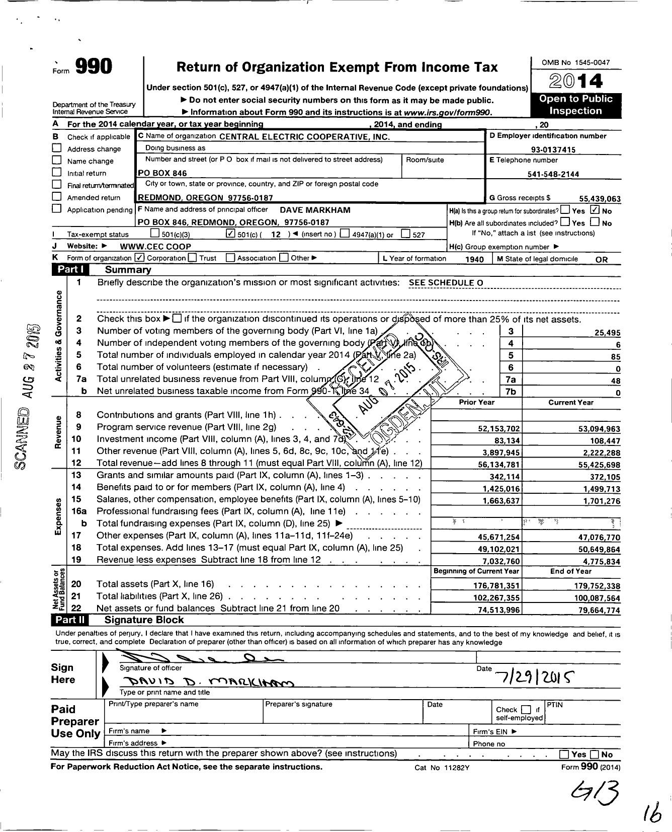 Image of first page of 2014 Form 990O for Central Electric Cooperative