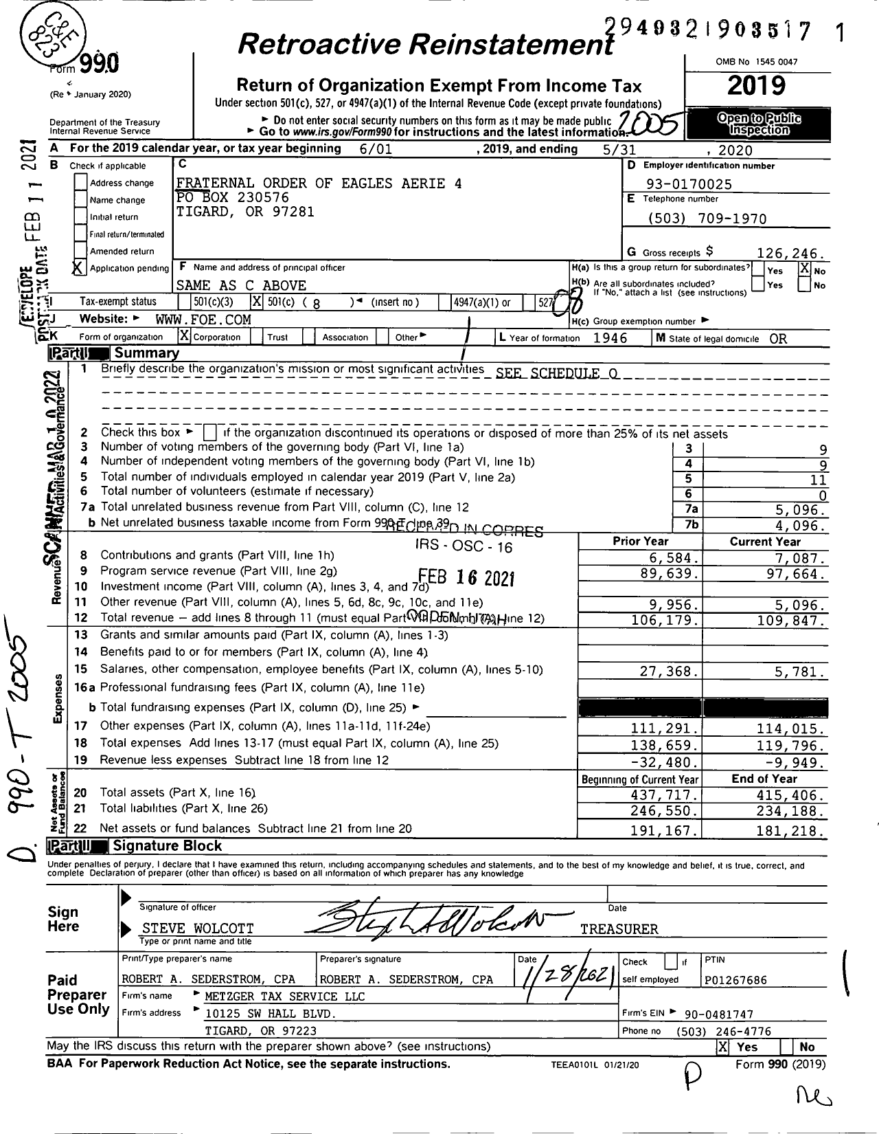 Image of first page of 2019 Form 990O for Fraternal Order of Eagles Aerie 4