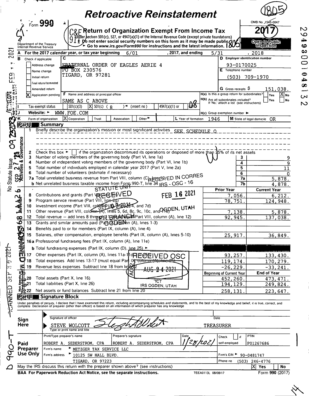 Image of first page of 2017 Form 990O for Fraternal Order of Eagles Aerie 4