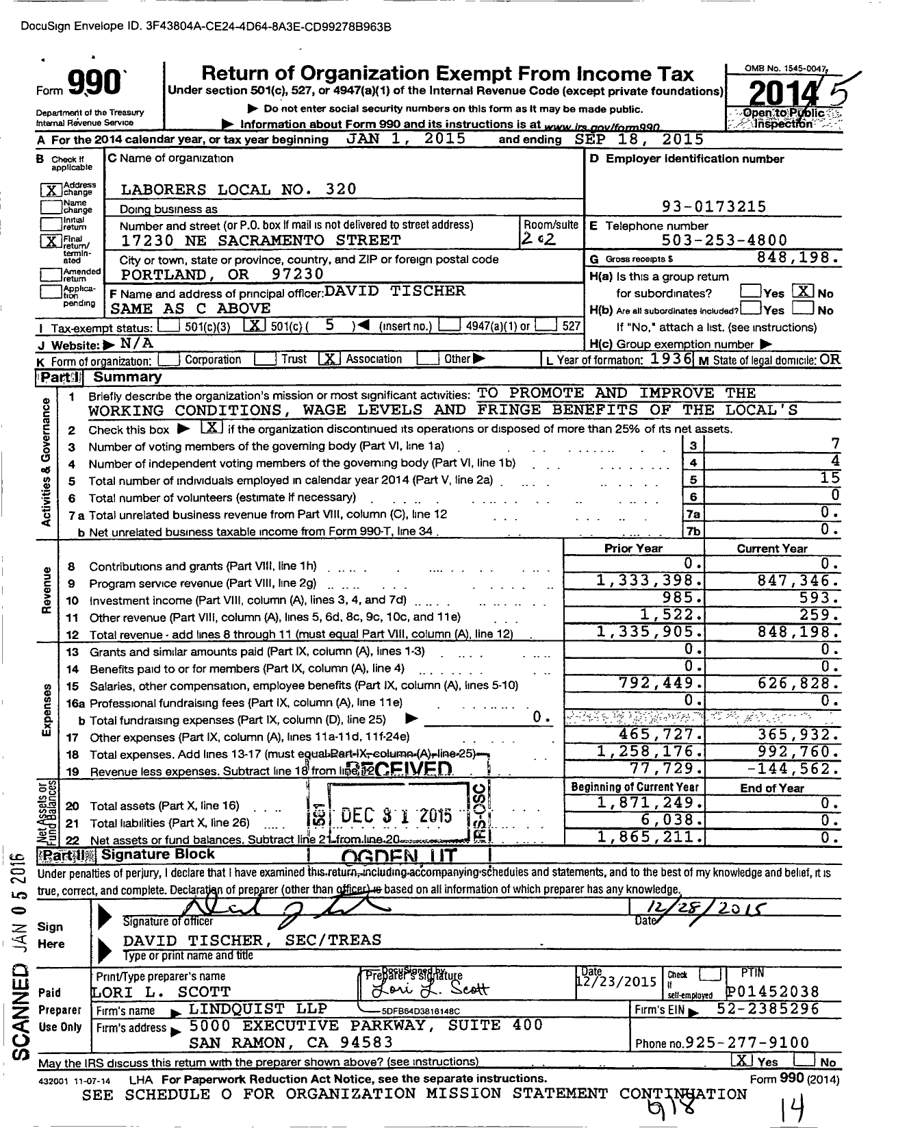 Image of first page of 2014 Form 990O for Laborers' International Union of North America - 320 HCL