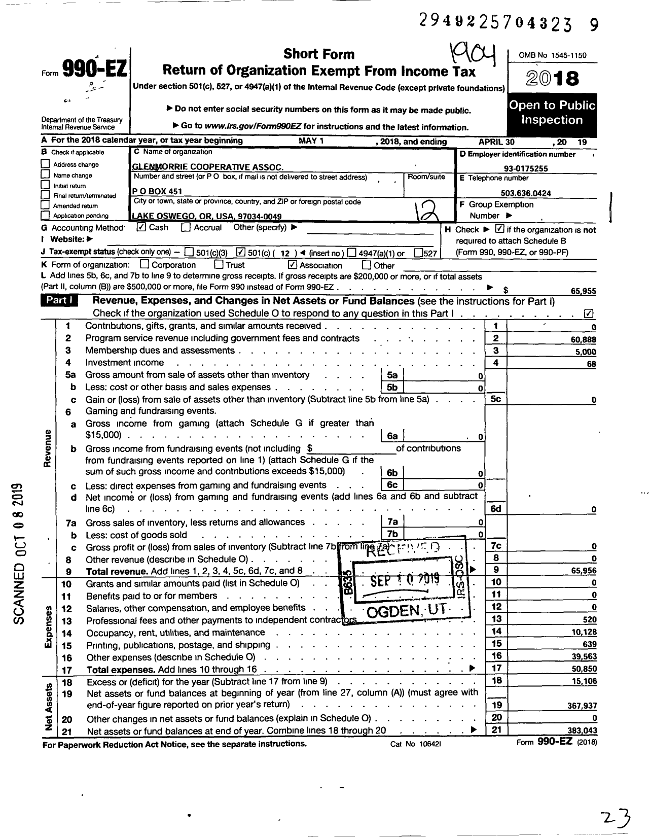 Image of first page of 2018 Form 990EO for Glenmorrie Cooperative Assn