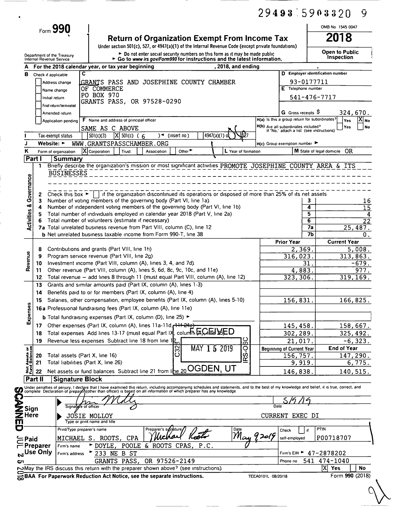 Image of first page of 2018 Form 990O for Grants Pass and Josephine County Chamber of Commerce