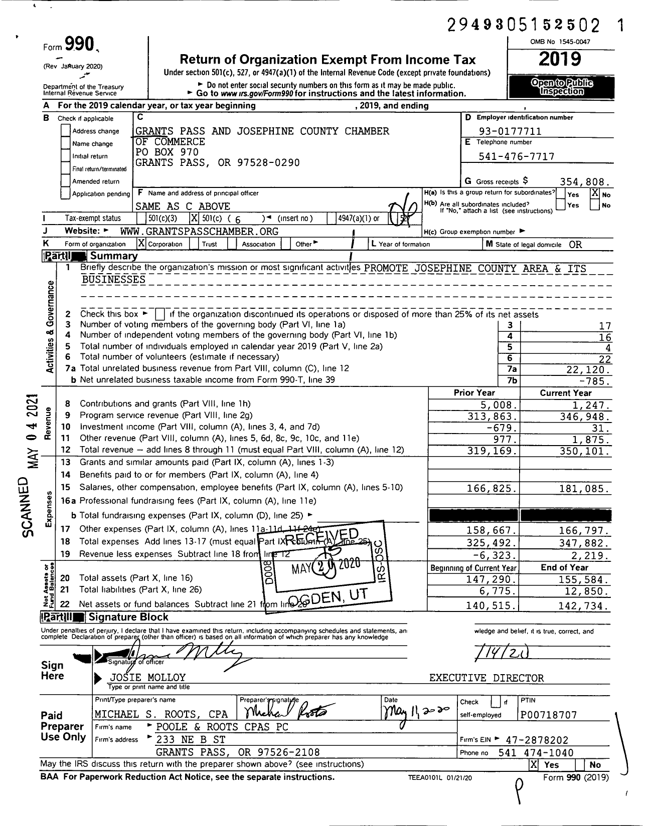 Image of first page of 2019 Form 990O for Grants Pass and Josephine County Chamber of Commerce