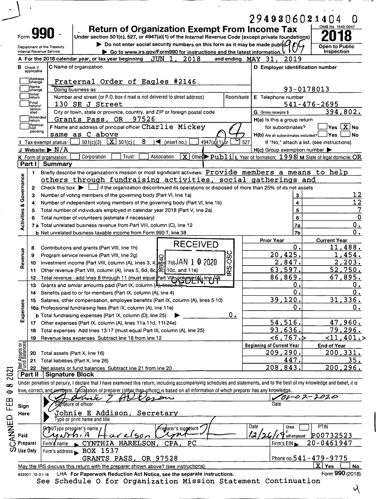 Image of first page of 2018 Form 990O for Fraternal Order of Eagles - 2146 Aerie