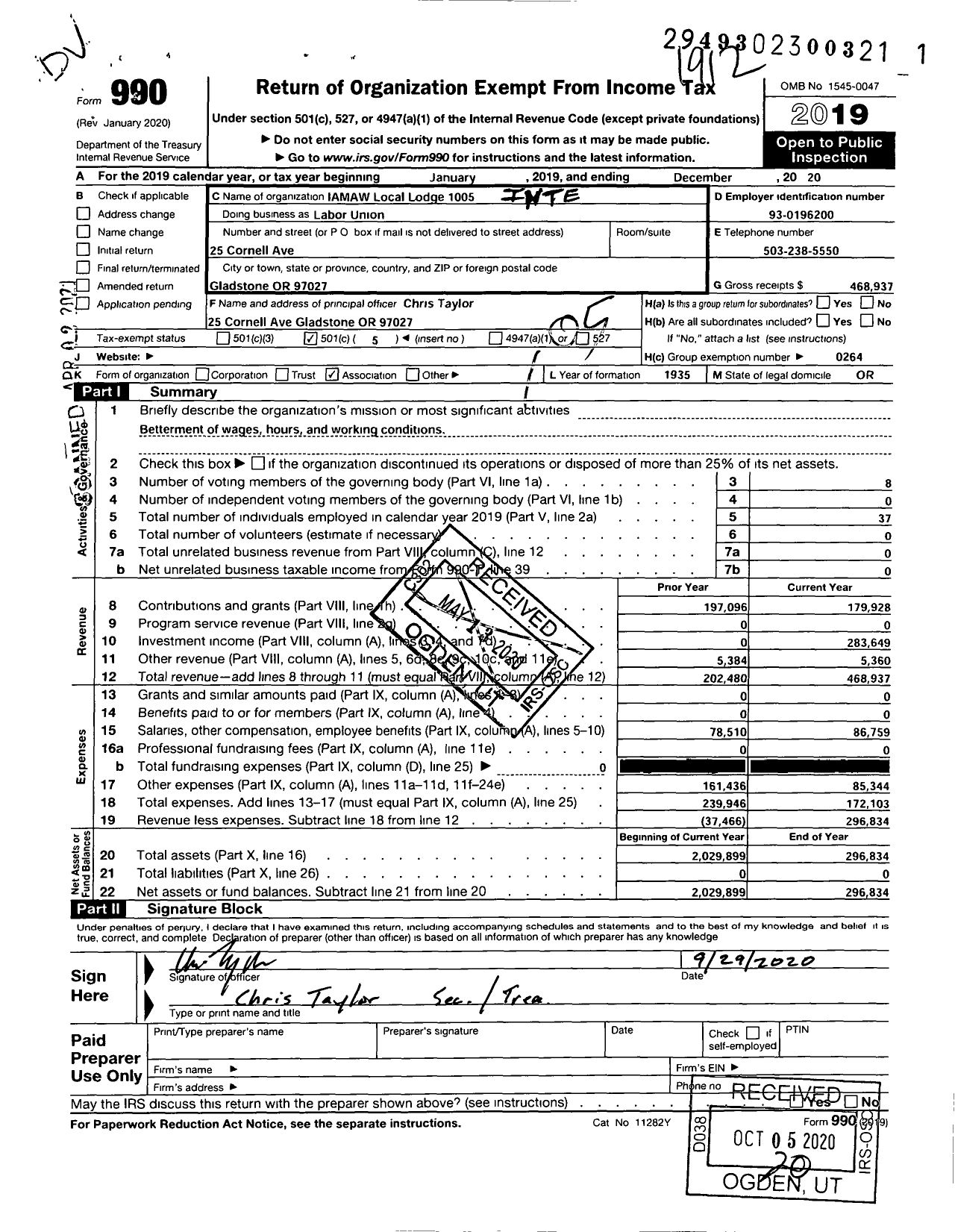 Image of first page of 2019 Form 990O for International Association Of Machinists and Aerospace Workers - Labor Union