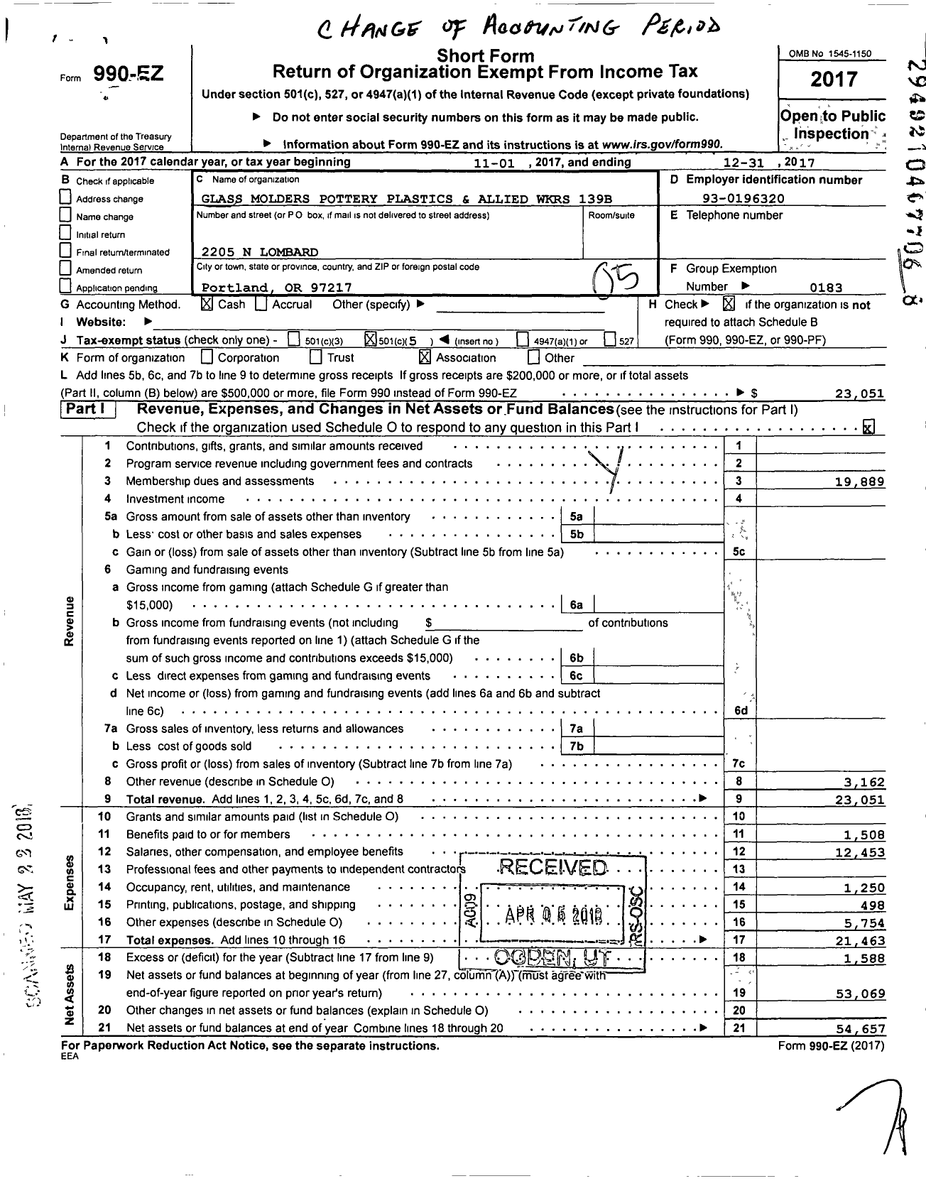 Image of first page of 2017 Form 990EO for United Steelworkers Local 139B