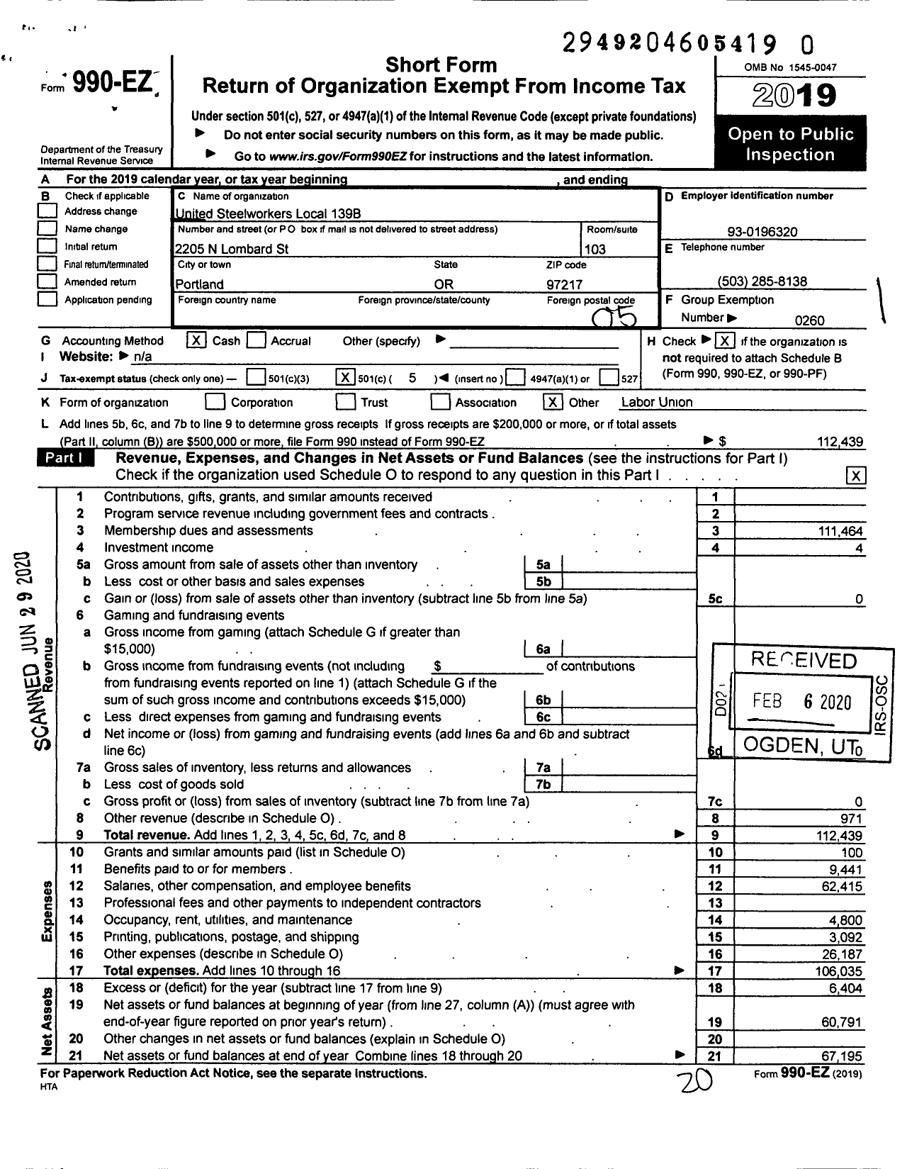 Image of first page of 2019 Form 990EO for United Steelworkers Local 139B