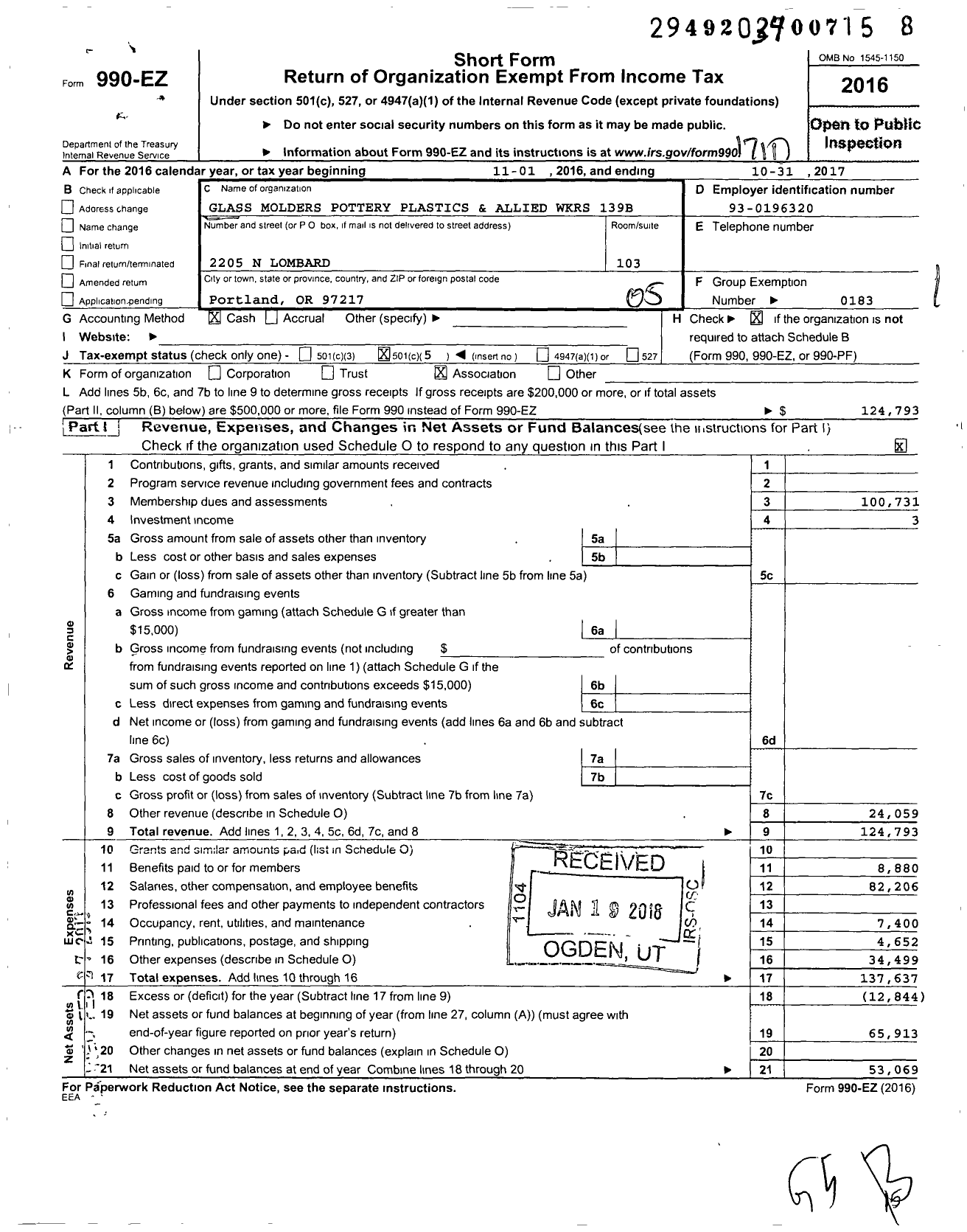 Image of first page of 2016 Form 990EO for United Steelworkers Local 139B