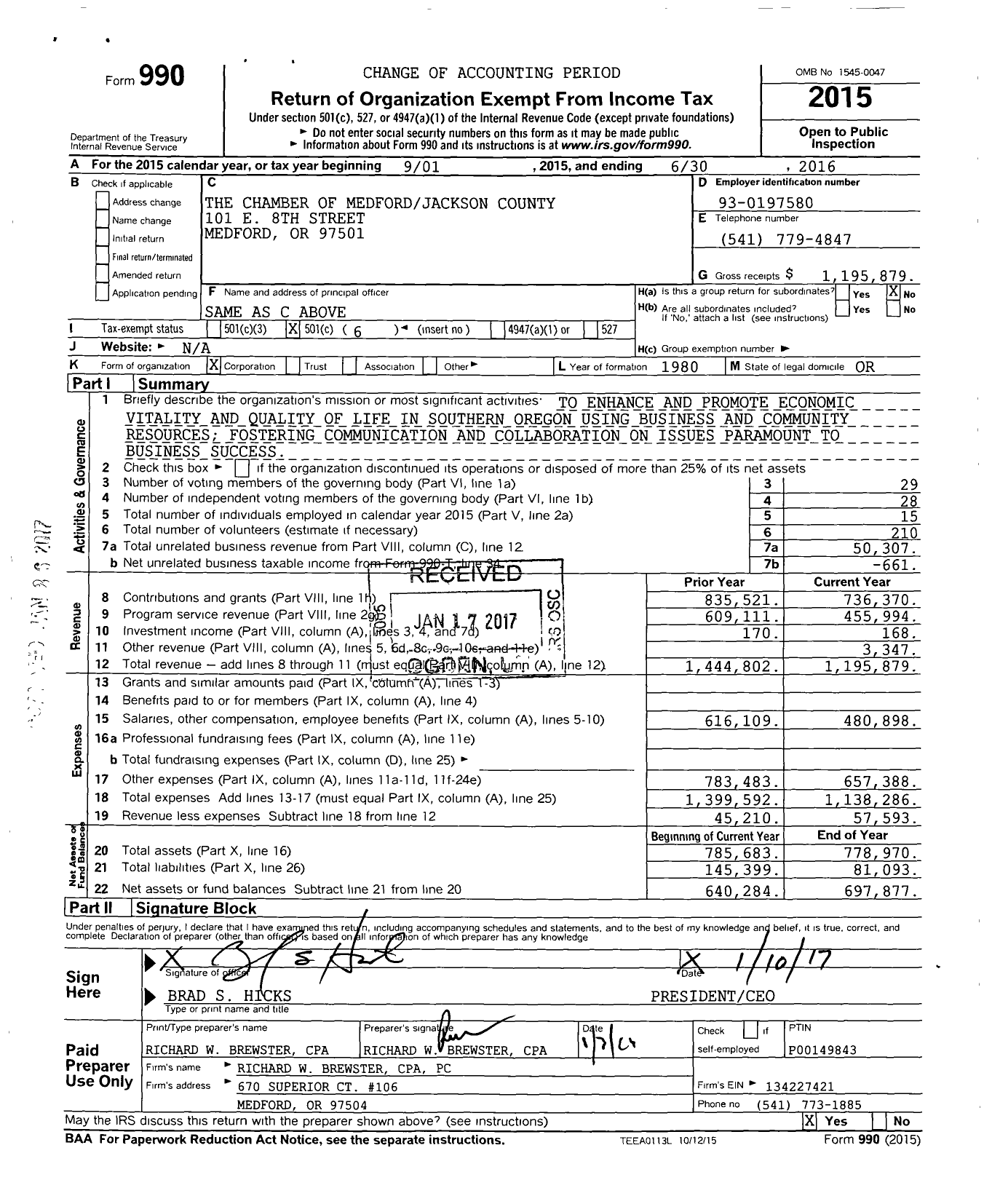 Image of first page of 2015 Form 990O for Chamber of Medford Jackson County