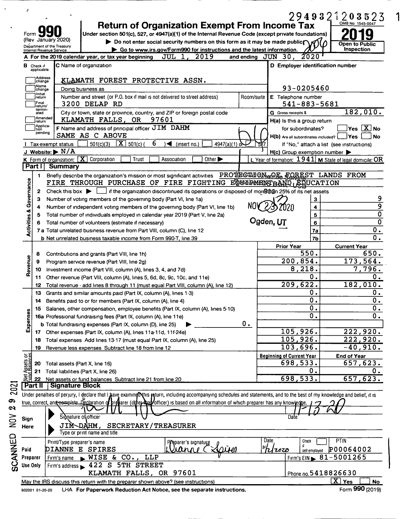 Image of first page of 2019 Form 990O for Klamath Forest Protective Association