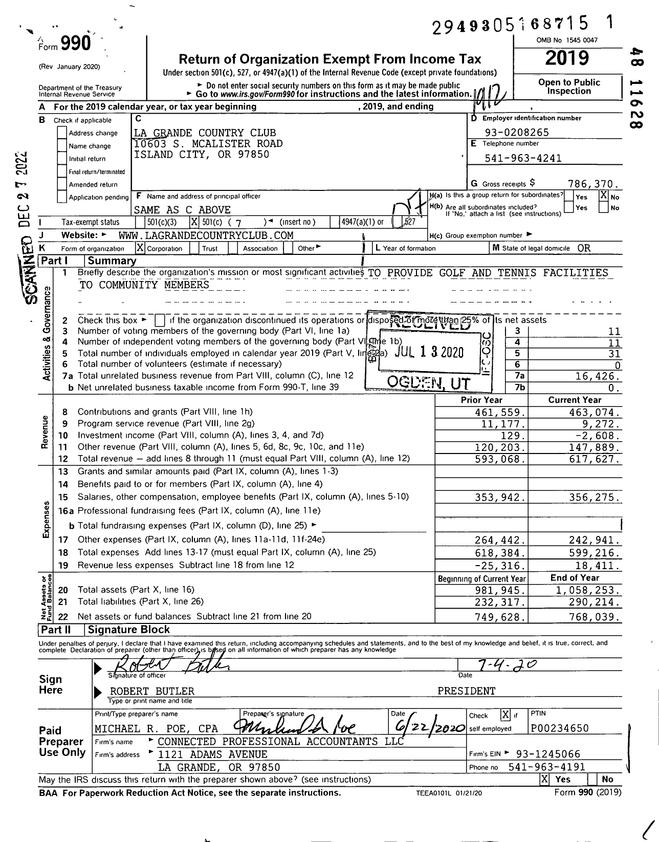 Image of first page of 2019 Form 990O for La Grande Country Club