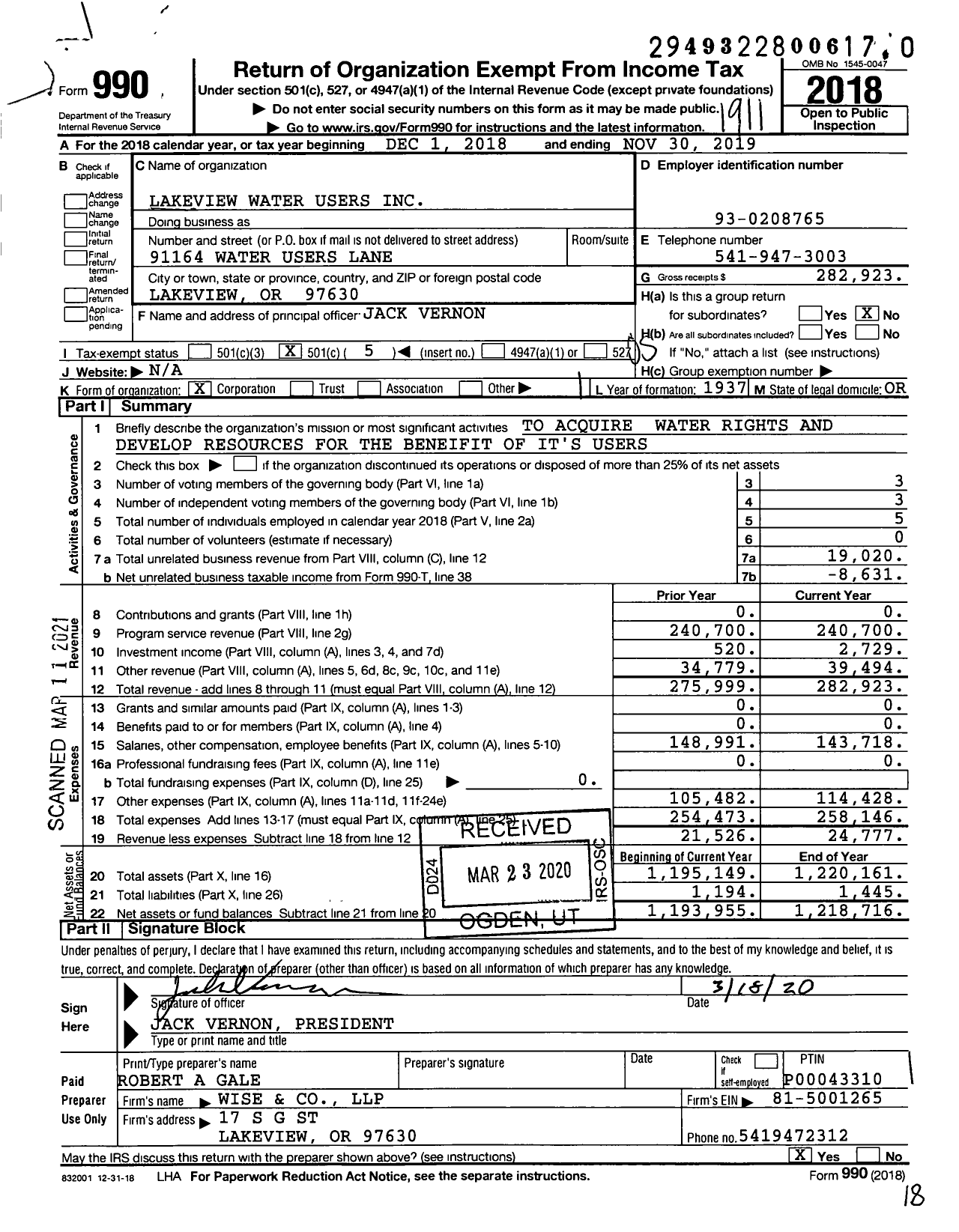 Image of first page of 2018 Form 990O for Lakeview Water Users