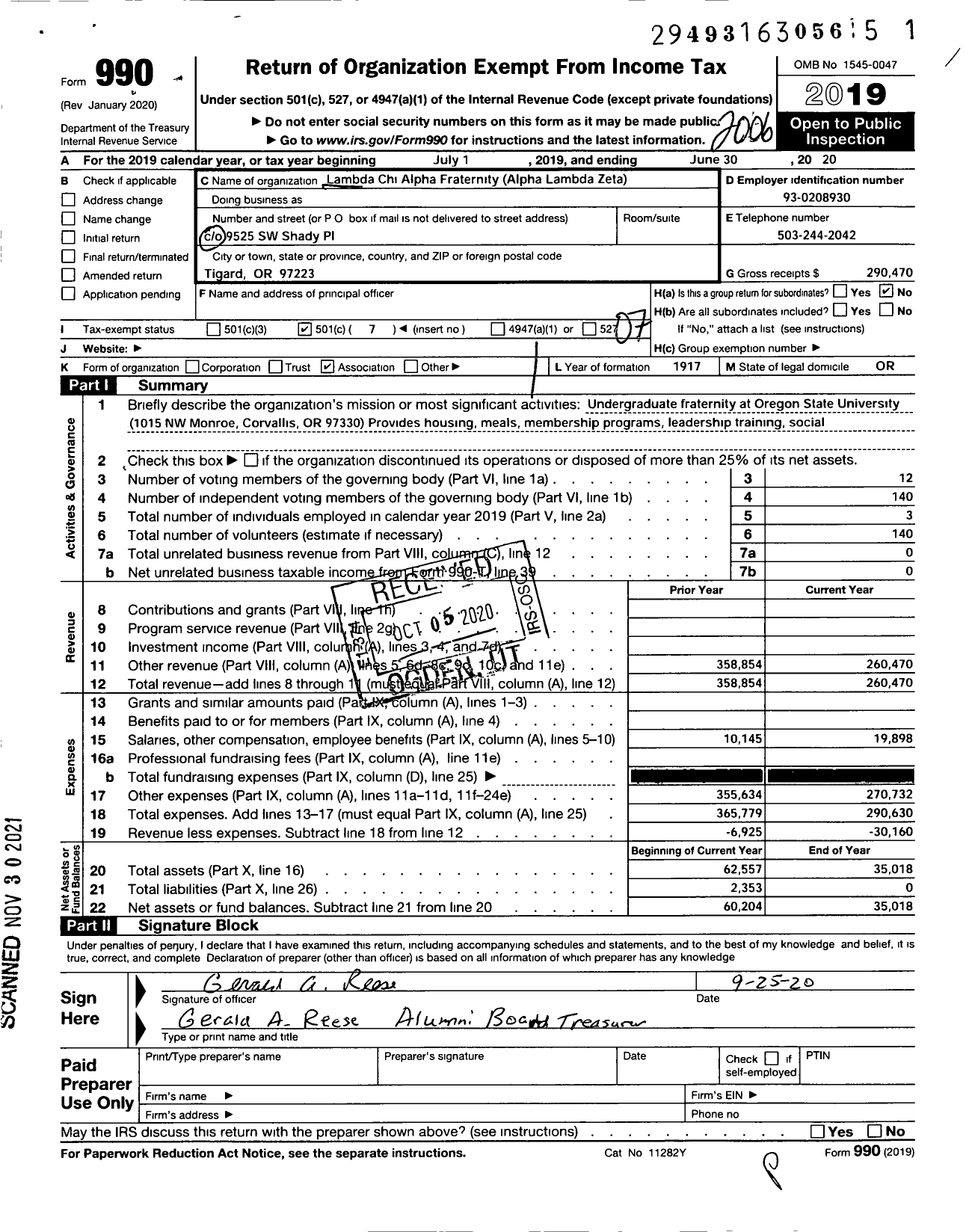 Image of first page of 2019 Form 990O for Lambda CHI ALPHA FRATERNITY - Alpha-Lambda Zeta