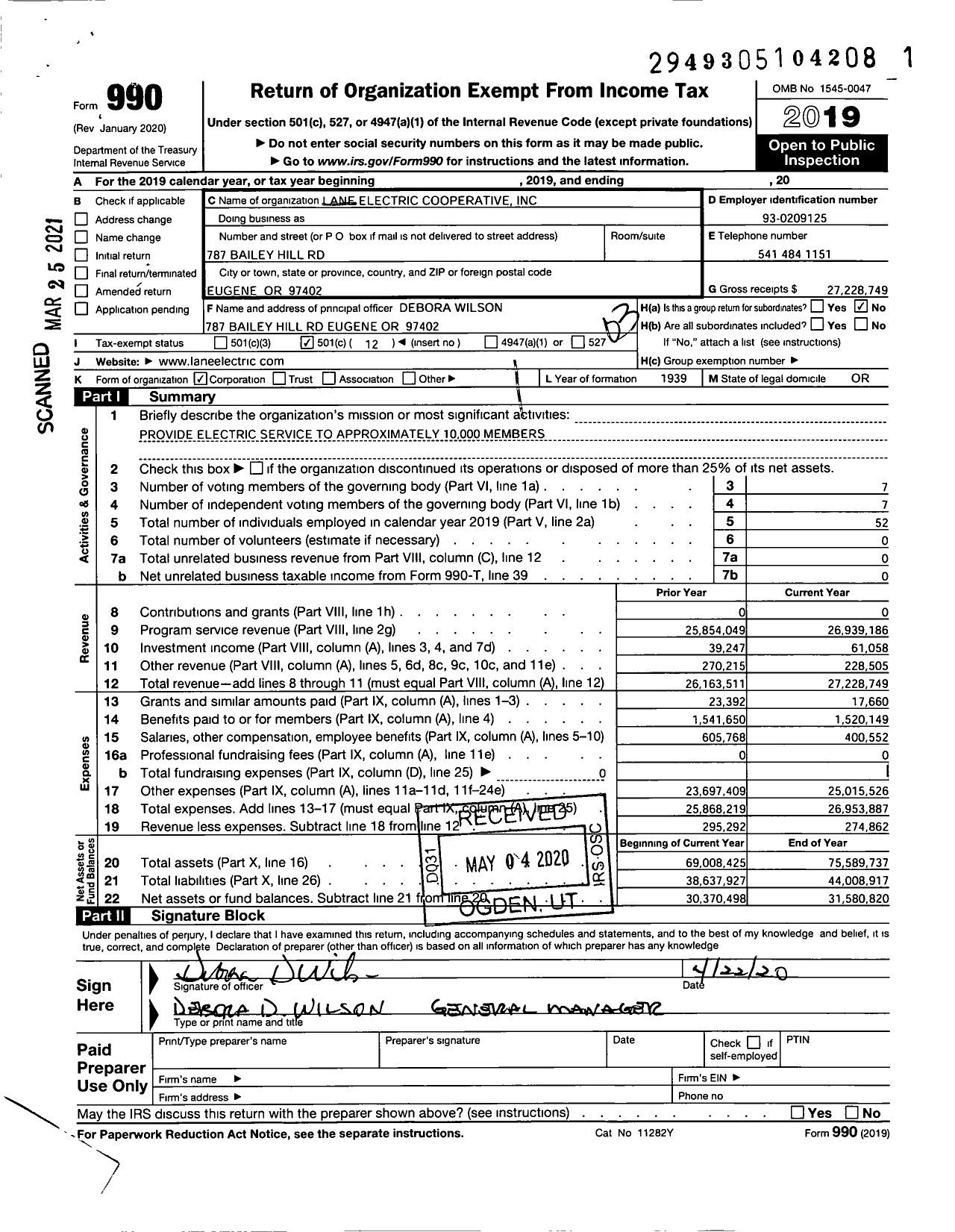 Image of first page of 2019 Form 990 for Lane Electric Cooperative