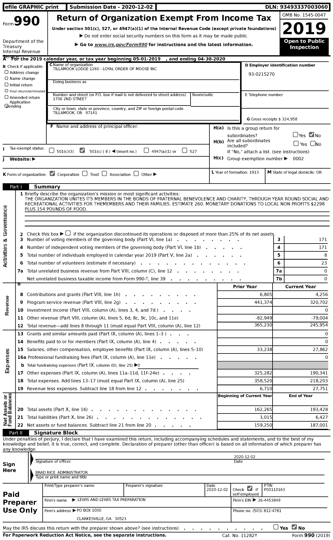 Image of first page of 2019 Form 990 for Tillamook Lodge 1260