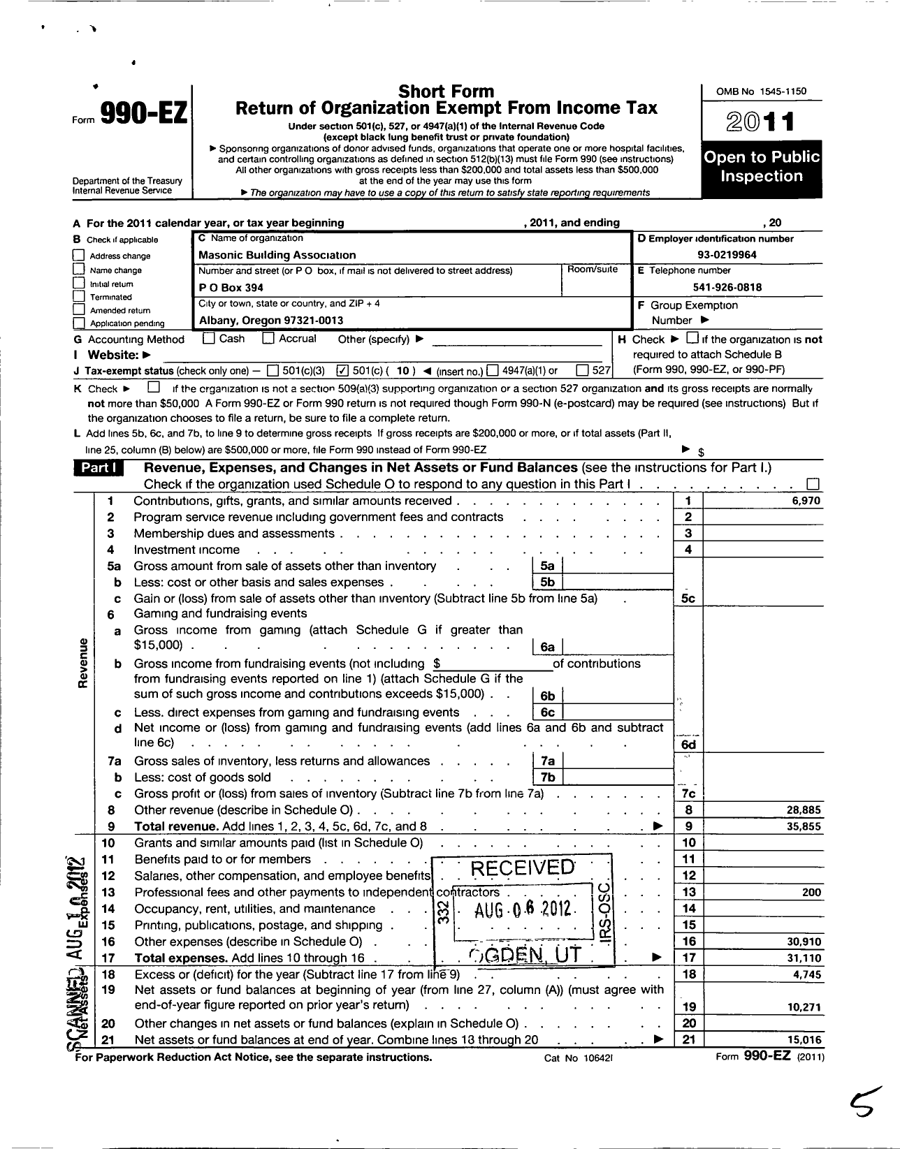 Image of first page of 2011 Form 990EO for Masonic Building Association