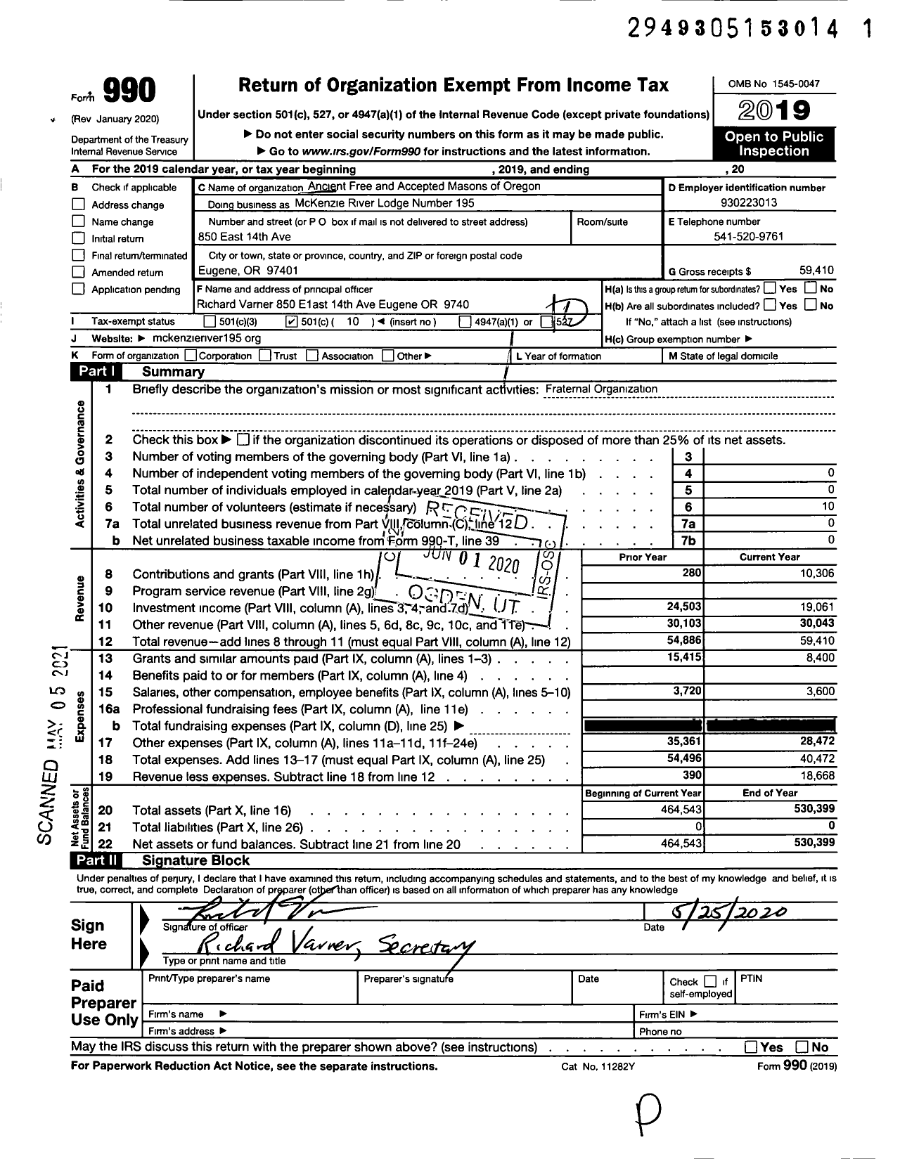 Image of first page of 2019 Form 990O for Ancient Free & Accepted Masons of Oregon - McKenzie River Lodge 195